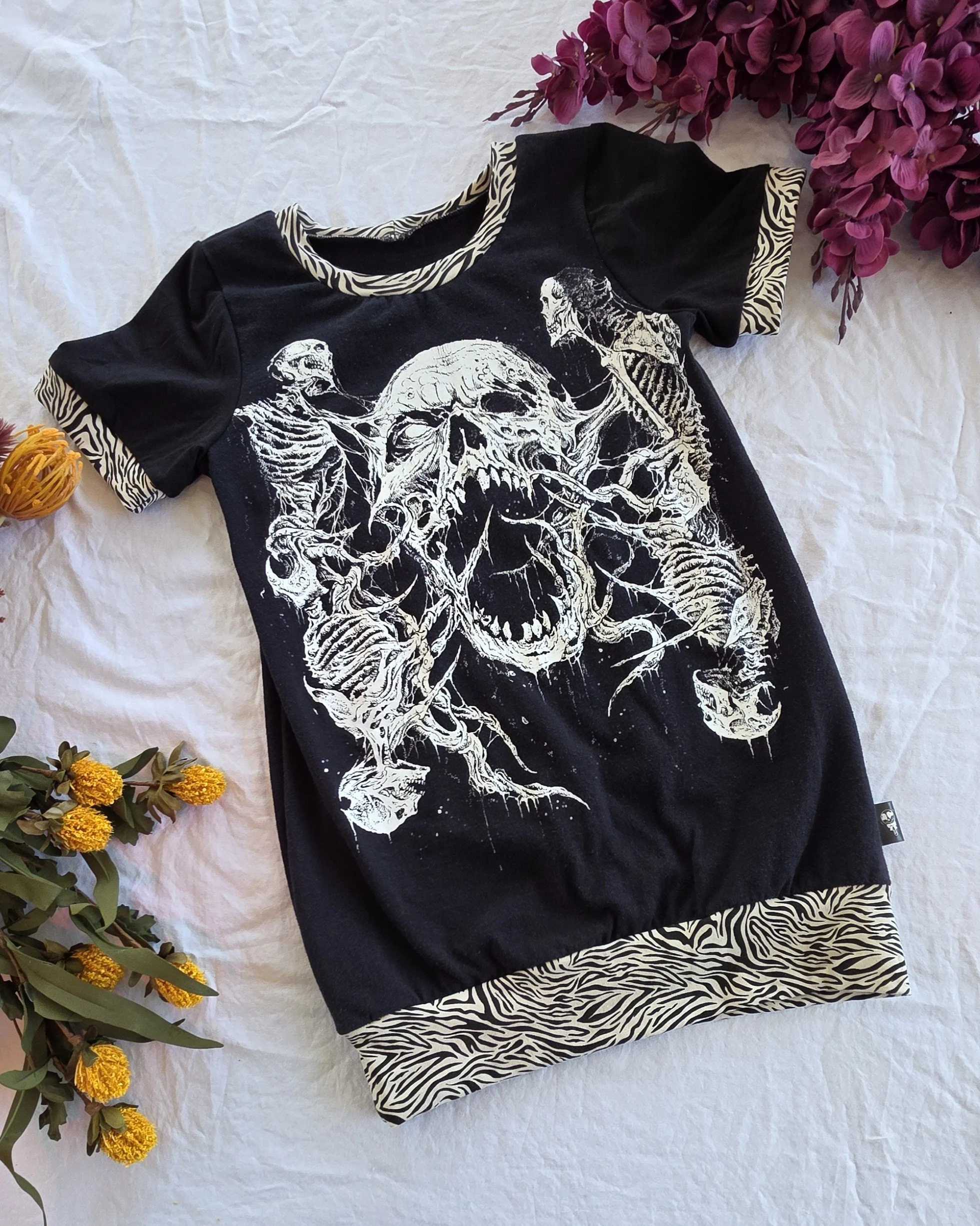 Upcycled Skeletons Kids Tunic Top, Grow With Me size 6-9yrs