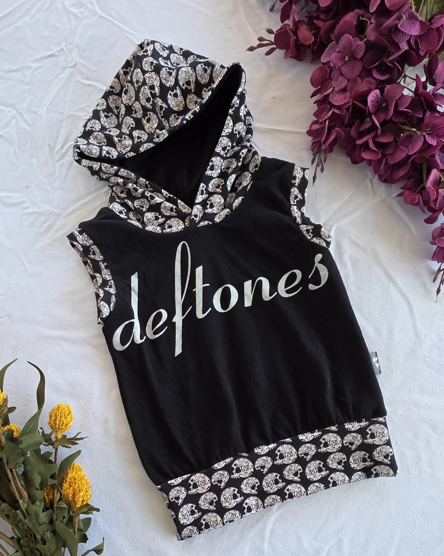 Upcycled Deftones Toddler Hooded Sleeveless Shirt, Grow With Me size 1-3yrs