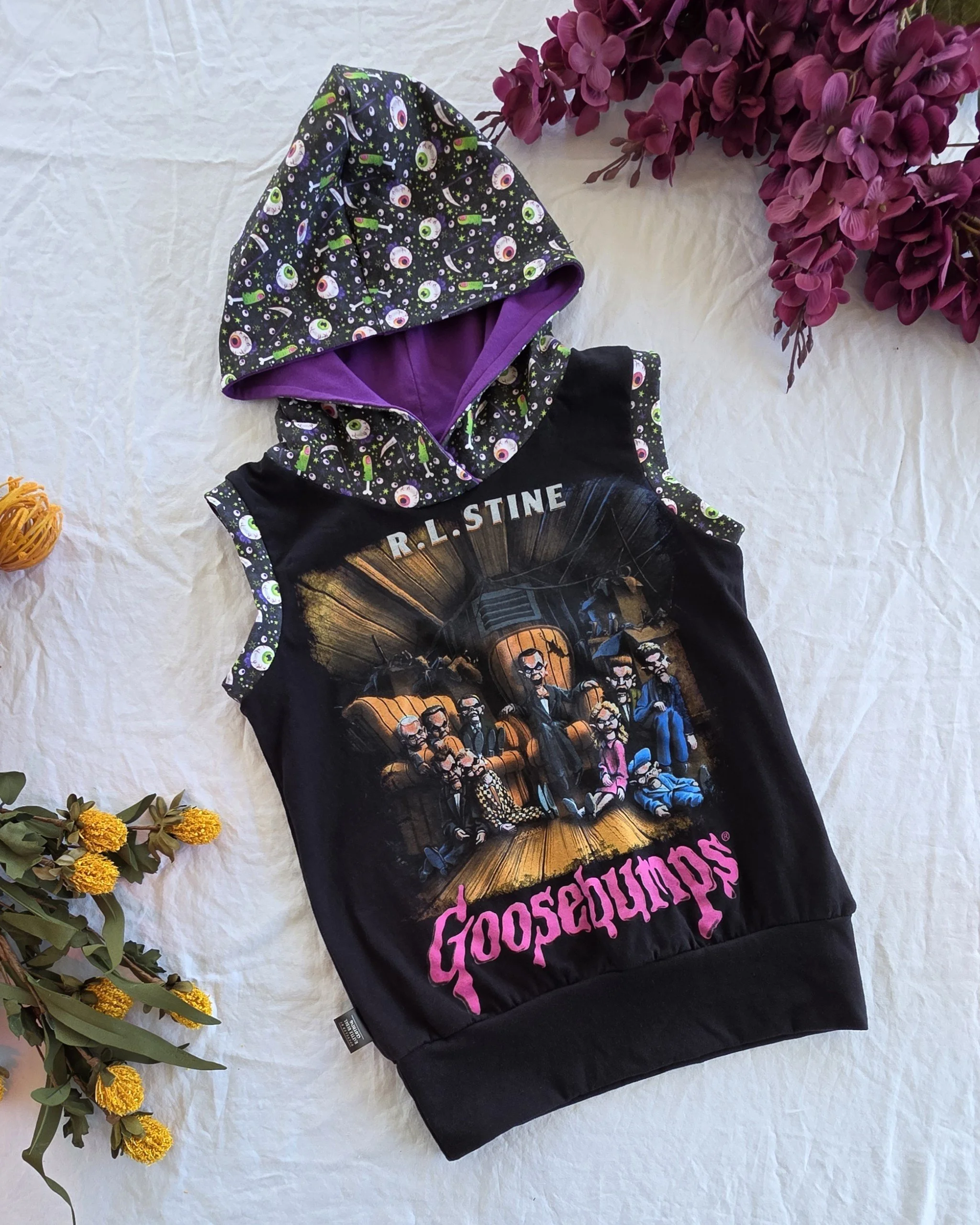 Upcycled Goosebumps Kids Sleeveless Hoodie, Grow With Me size 6-9yrs