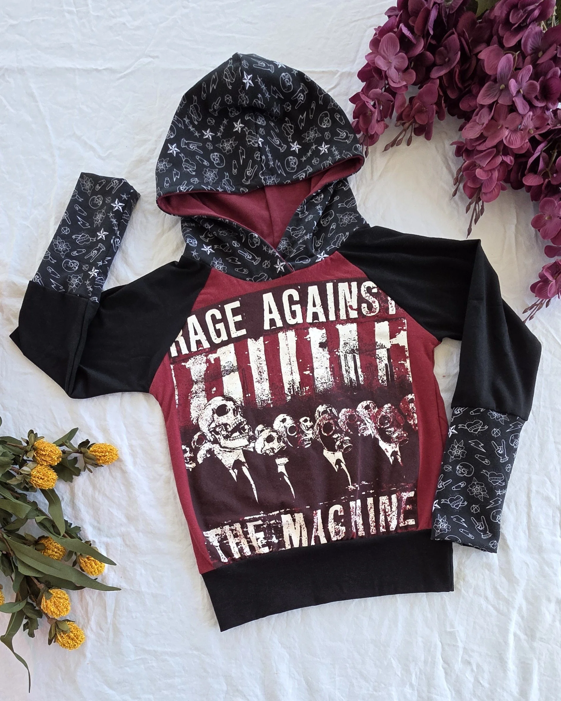Upcycled Rage Against The Machine Kids Hoodie, Grow With Me size 6-9yrs