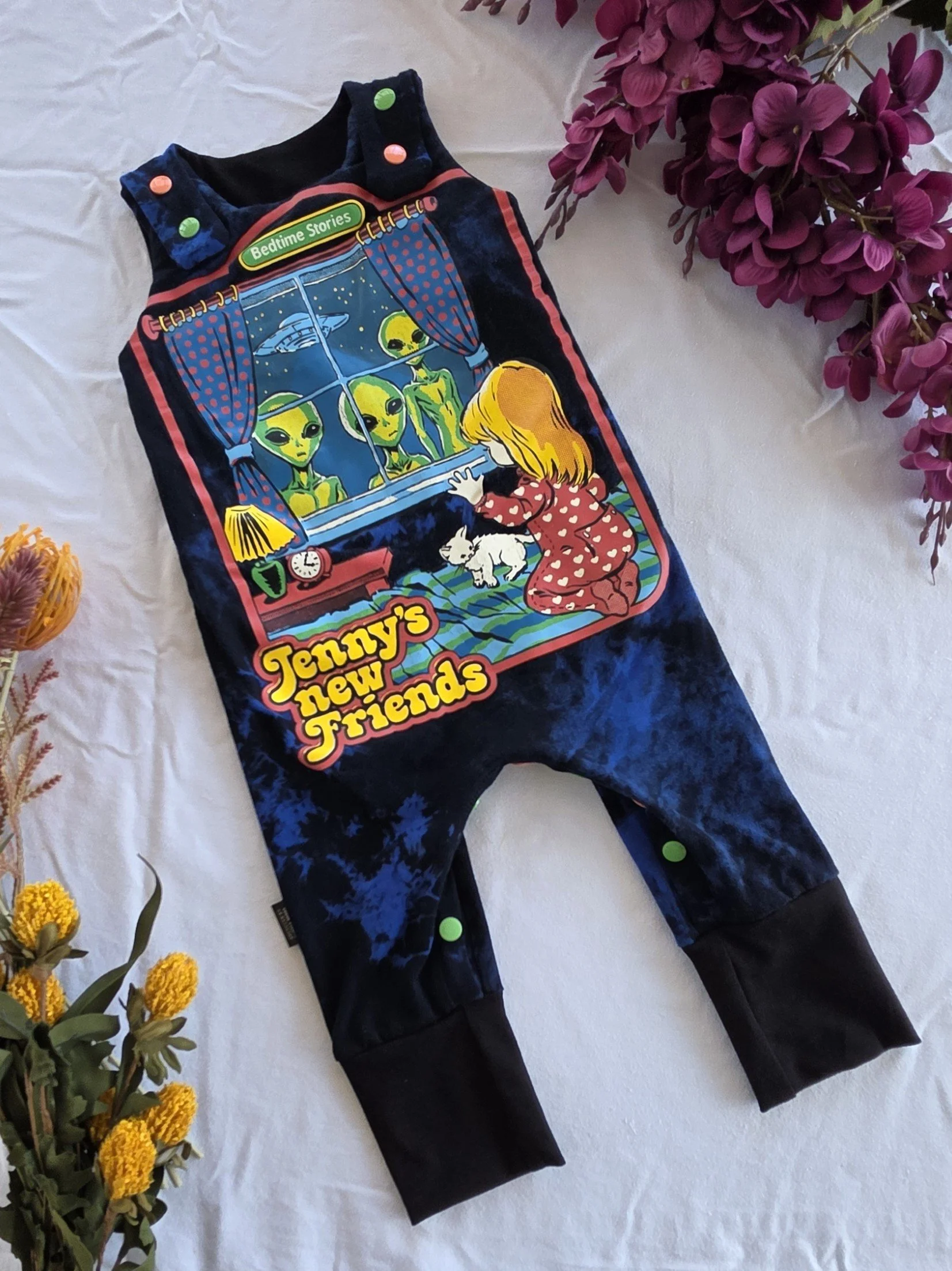Upcycled Jenny's New Friends Baby Romper, Grow With Me size 3-12m