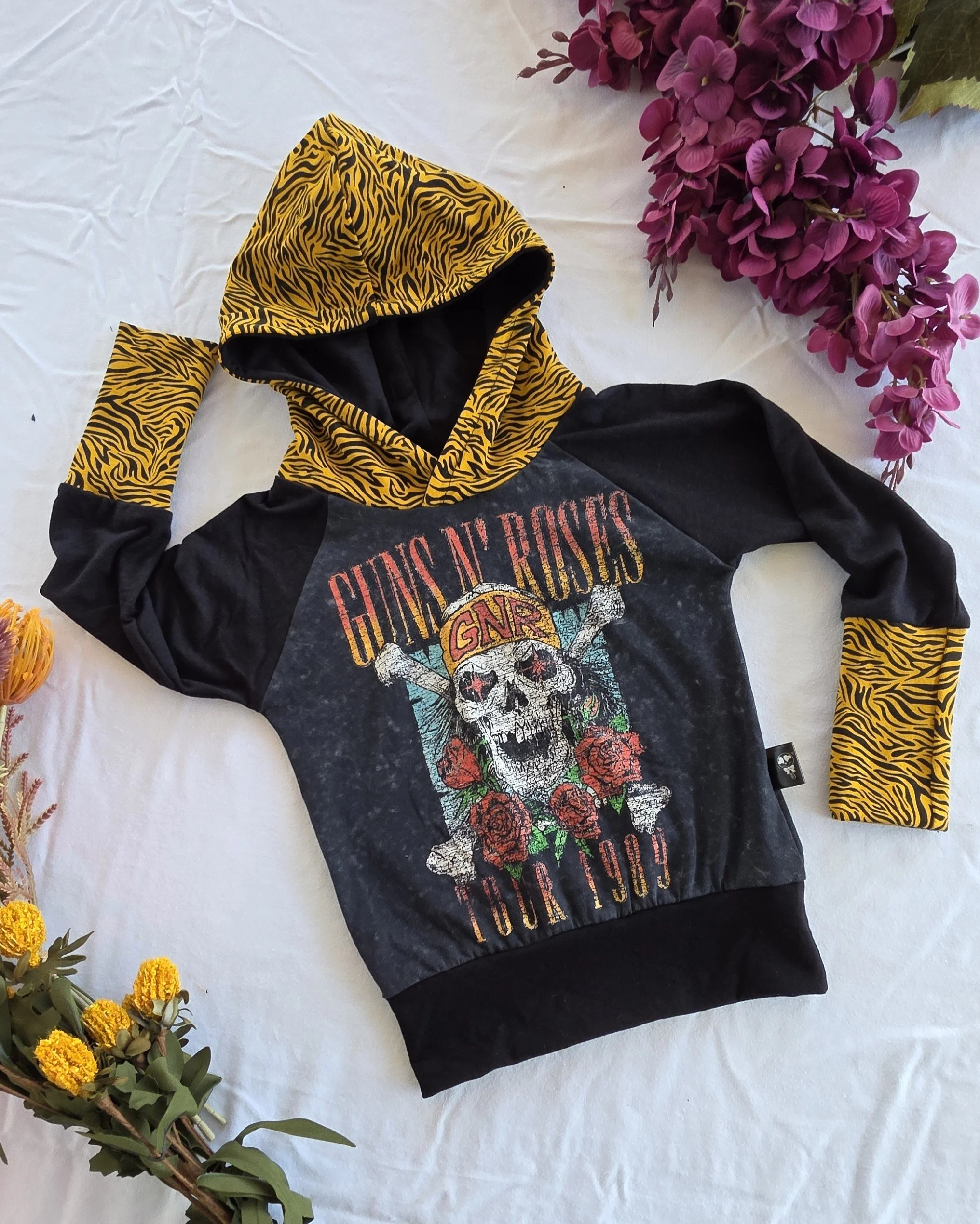 Upcycled Guns N Roses Toddler Hoodie, Grow With Me size 1-3yrs