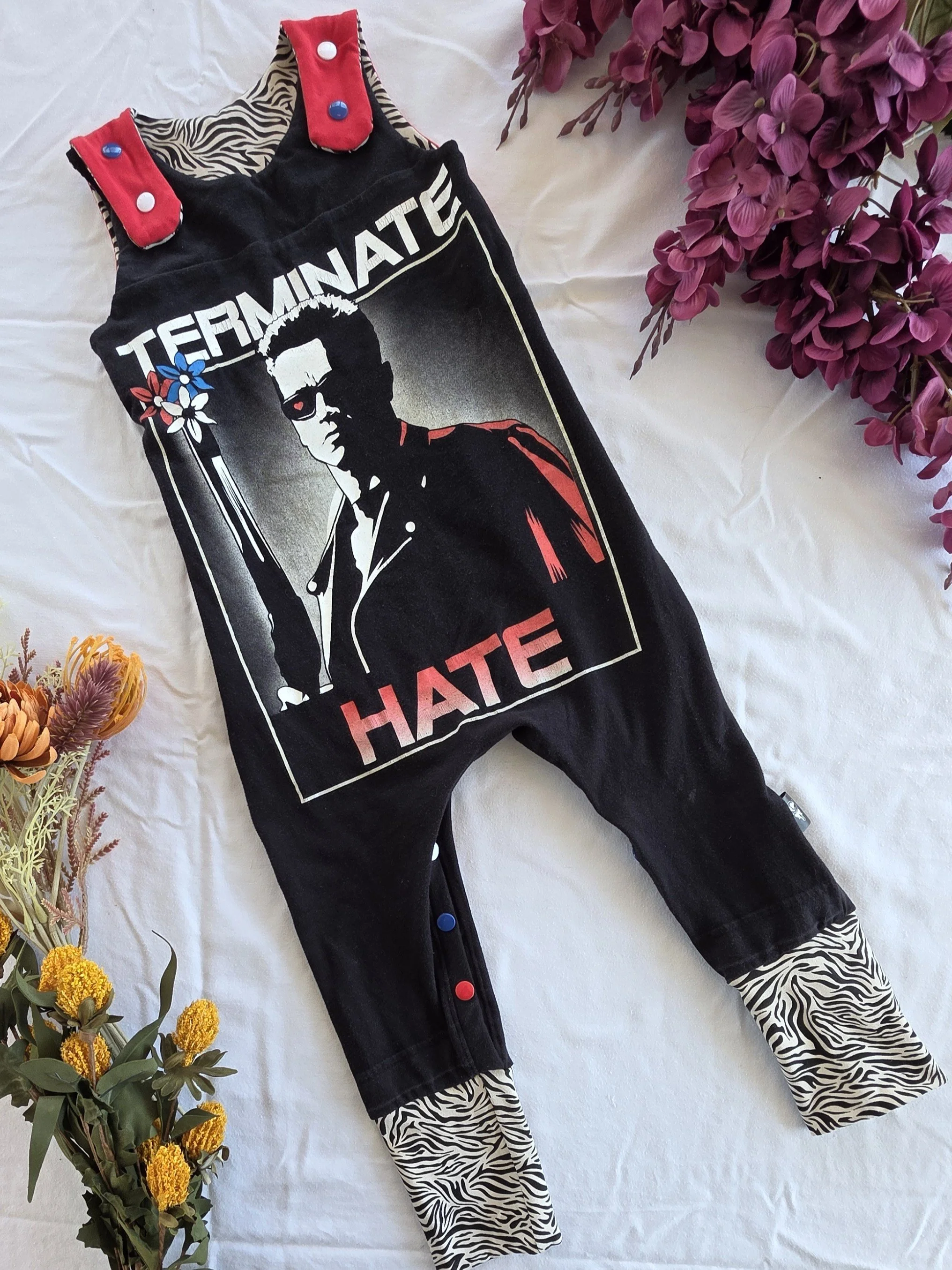 Upcycled Terminate Hate Toddler Romper, Grow With Me size 1-3yrs