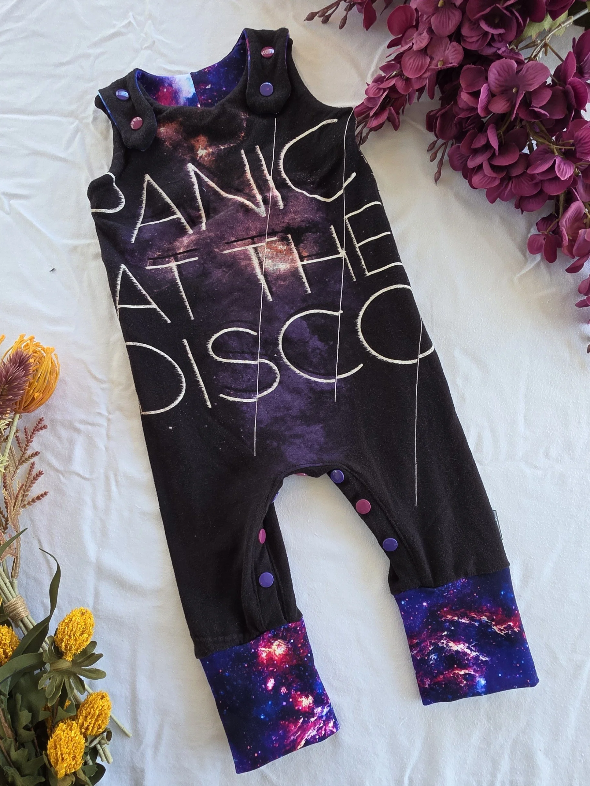 Upcycled Panic At The Disco Baby Romper, Grow With Me size 3-12m