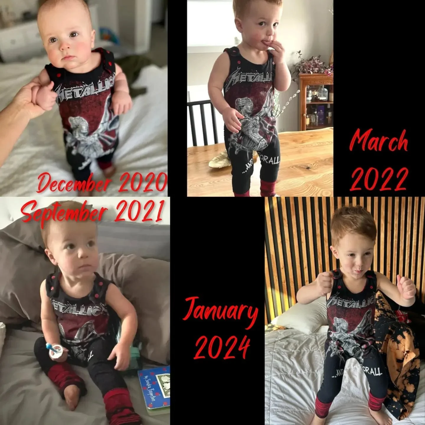 A collage of four photos showing a young boy's growth from December 2020 to March 2022. The boy is wearing a Metallica band t-shirt and black pants with red accents in all photos. The first photo, labeled December 2020, shows him as an infant with light hair. The second photo, labeled September 2021, shows him as a toddler with slightly longer hair, sitting on a bed. The third photo, labeled March 2022, shows him standing on a dining table with a thoughtful expression. The fourth photo, labeled January 2024, shows him sitting on a bed with a playful pose, smiling with clenched fists, with a wood-paneled headboard and blanket behind him.