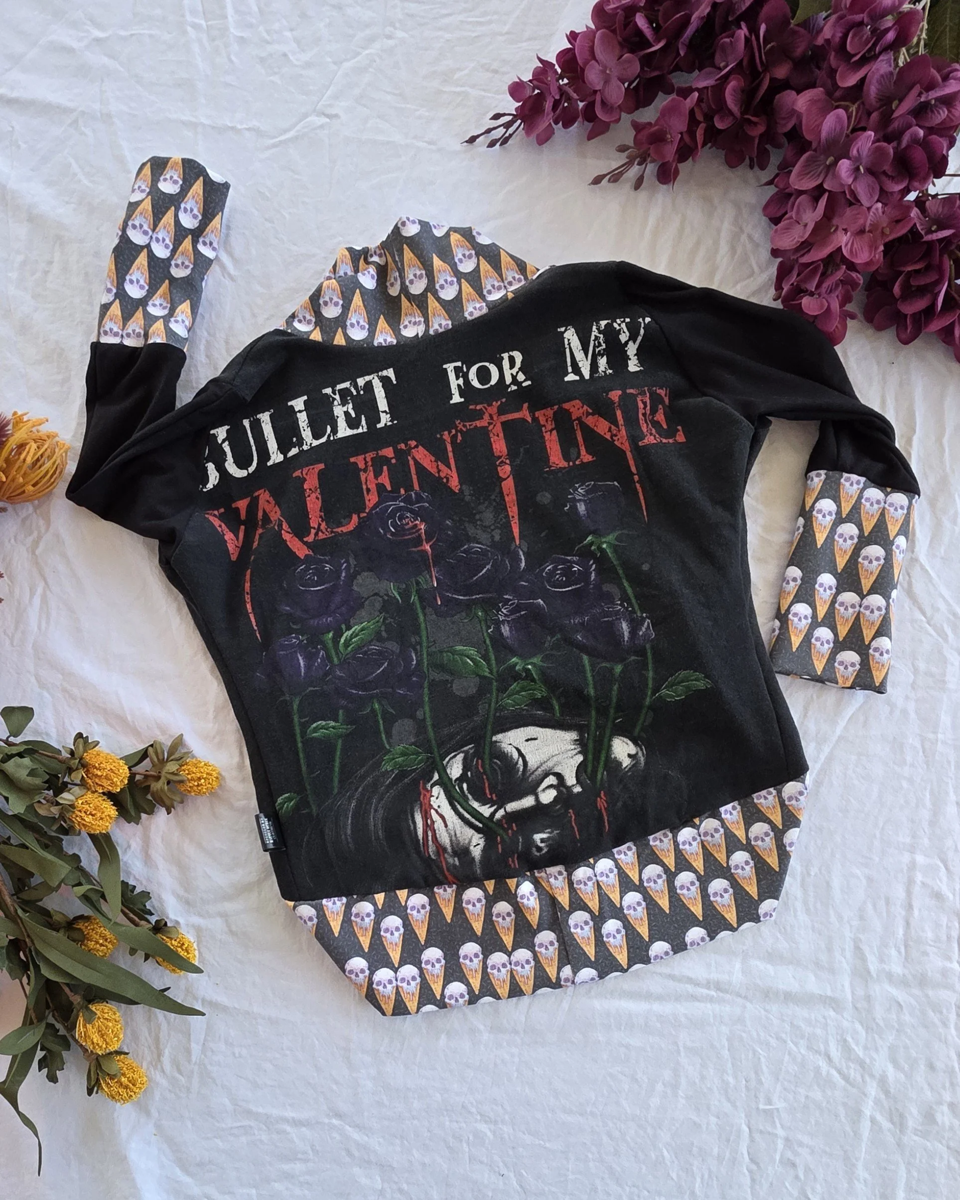 Upcycled Bullet For My Valentine Kids Cardigan, Grow With Me size 3-6yrs