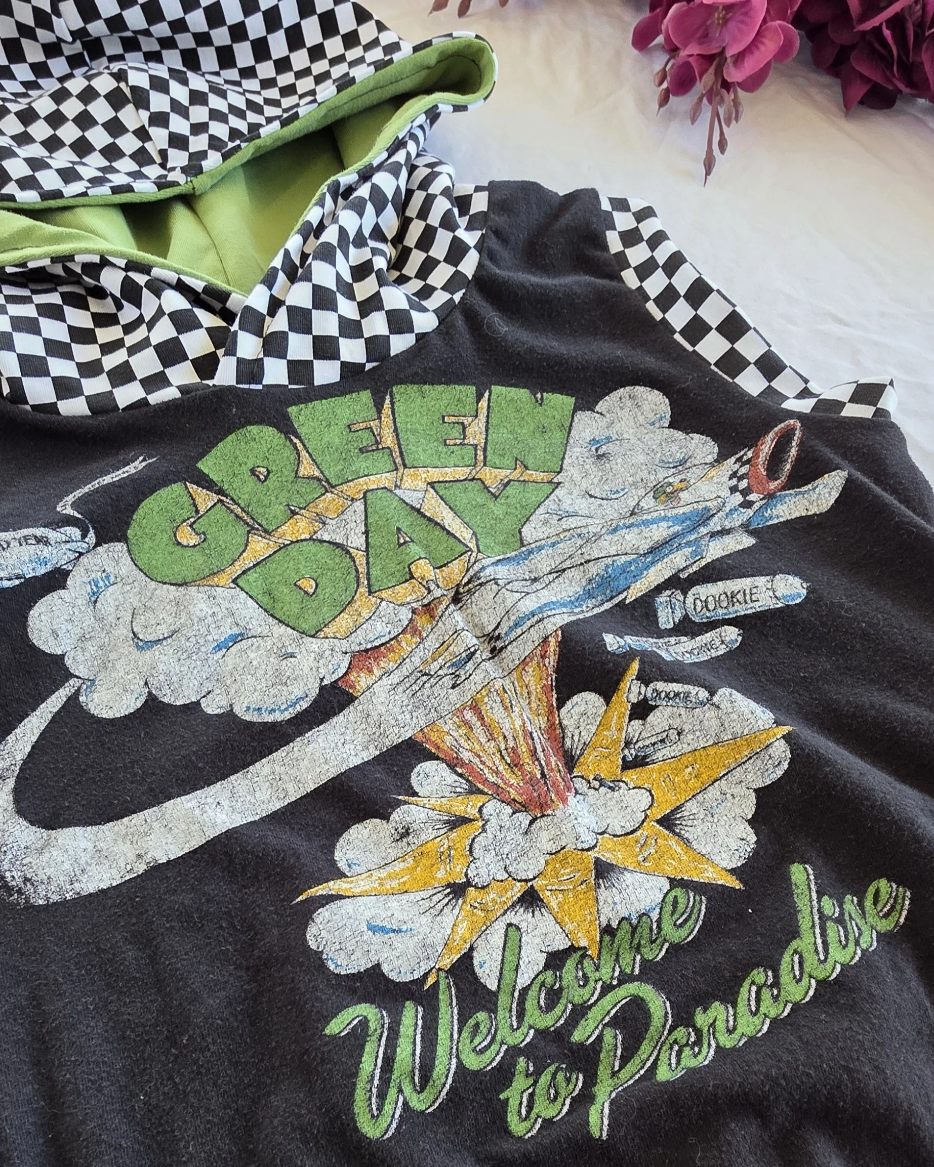 Upcycled Green Day Kids Sleeveless Hoodie, Grow With Me size 3-6yrs
