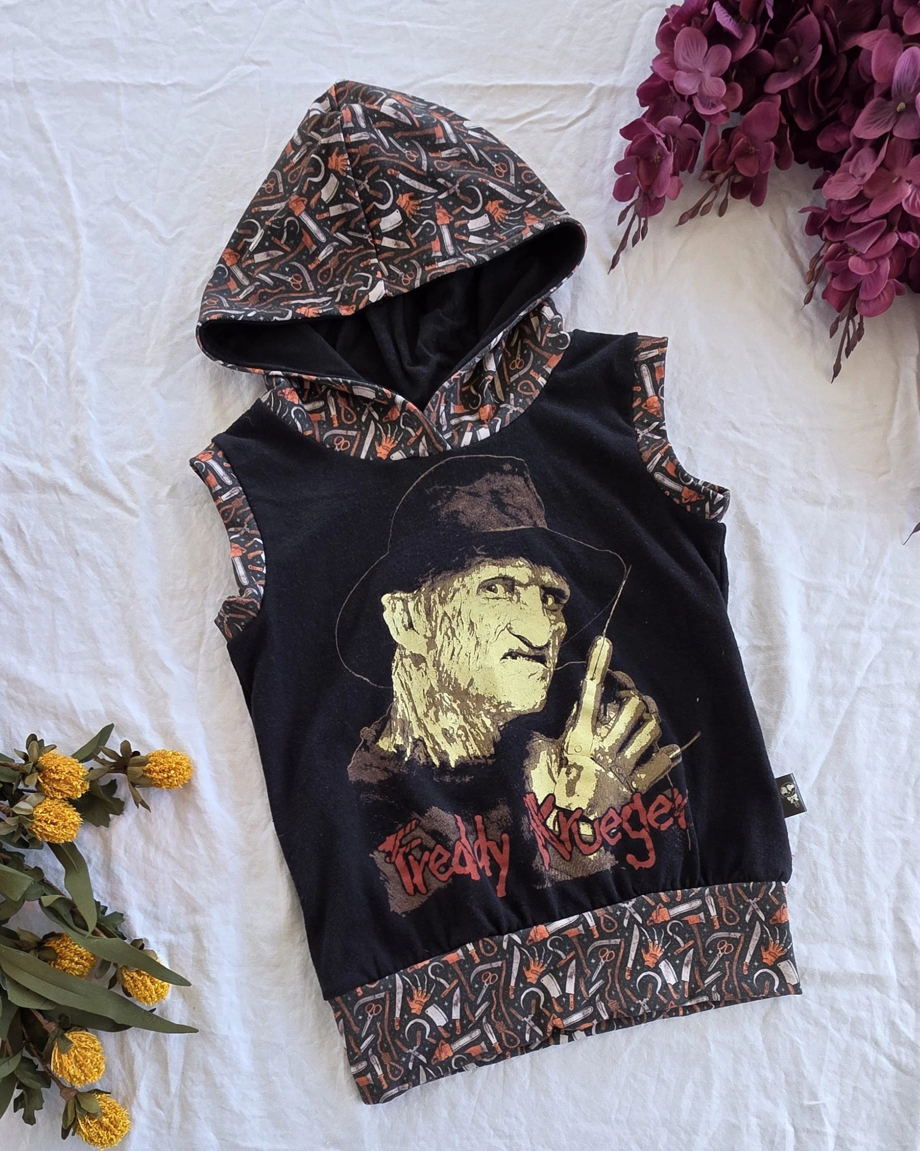 Upcycled Freddy Krueger Kids Hoodie, Grow With Me size 3-6yr