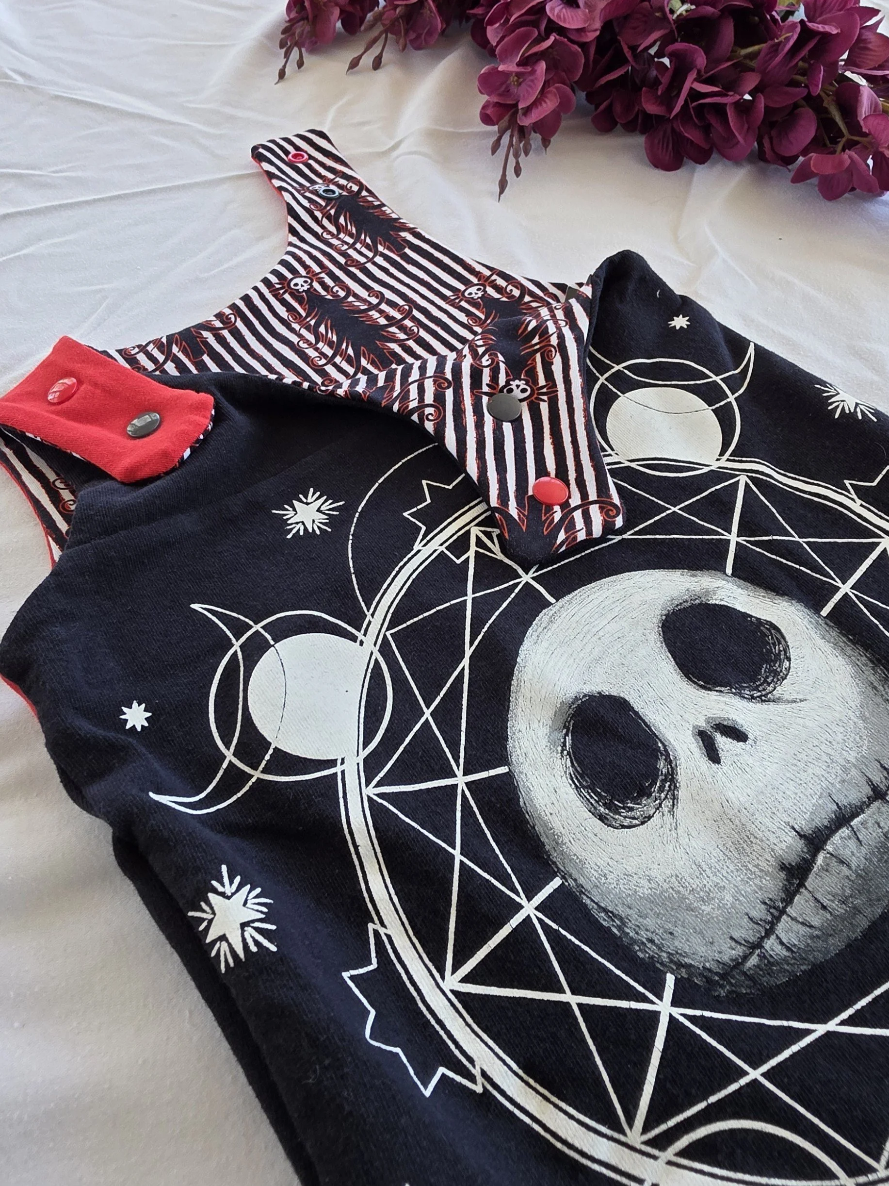 Upcycled Nightmare Before Christmas Toddler Romper, Grow With Me size 1-3 yrs