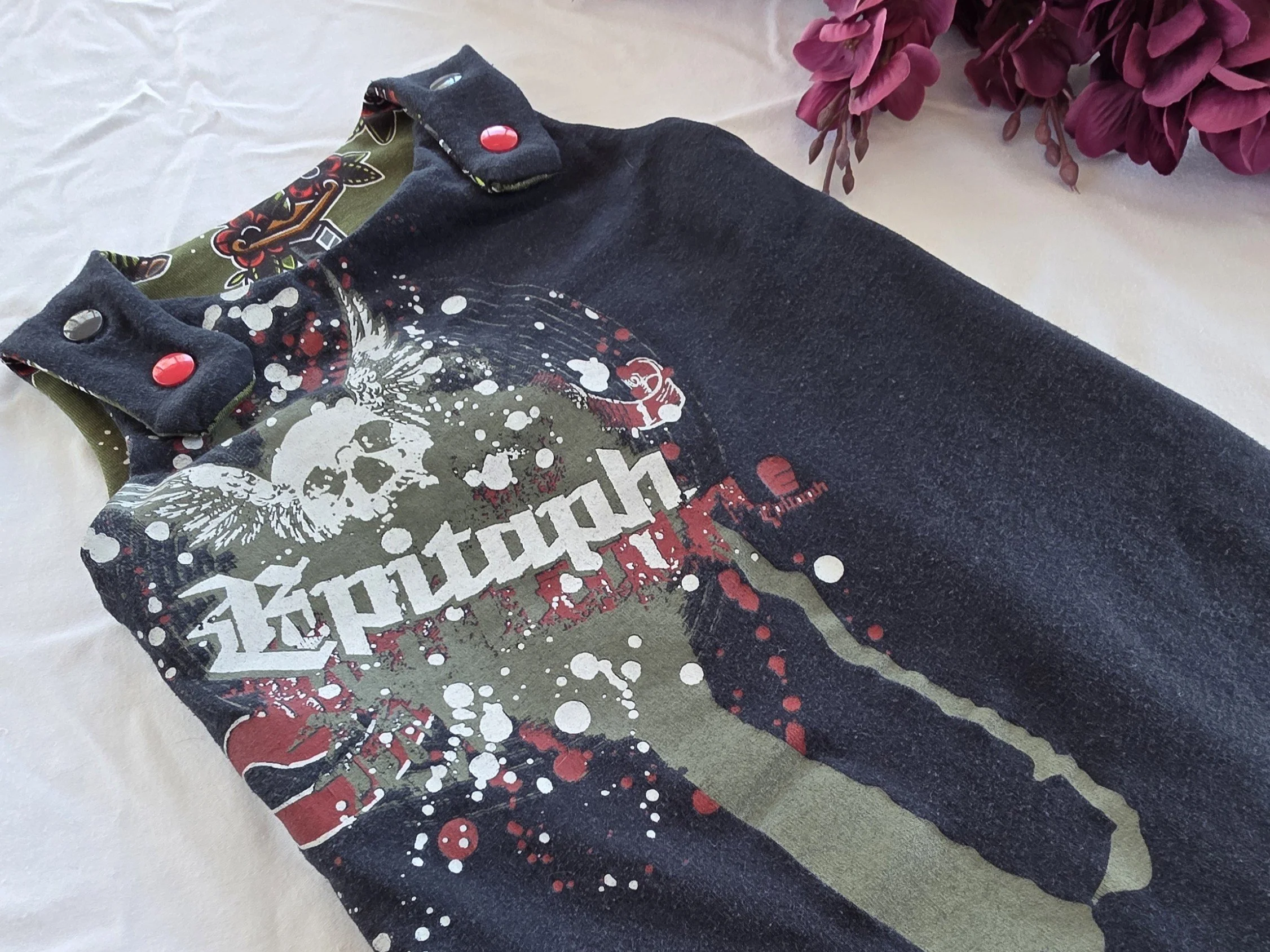 Upcycled Epitaph Baby Romper, Grow With Me size 3-12m