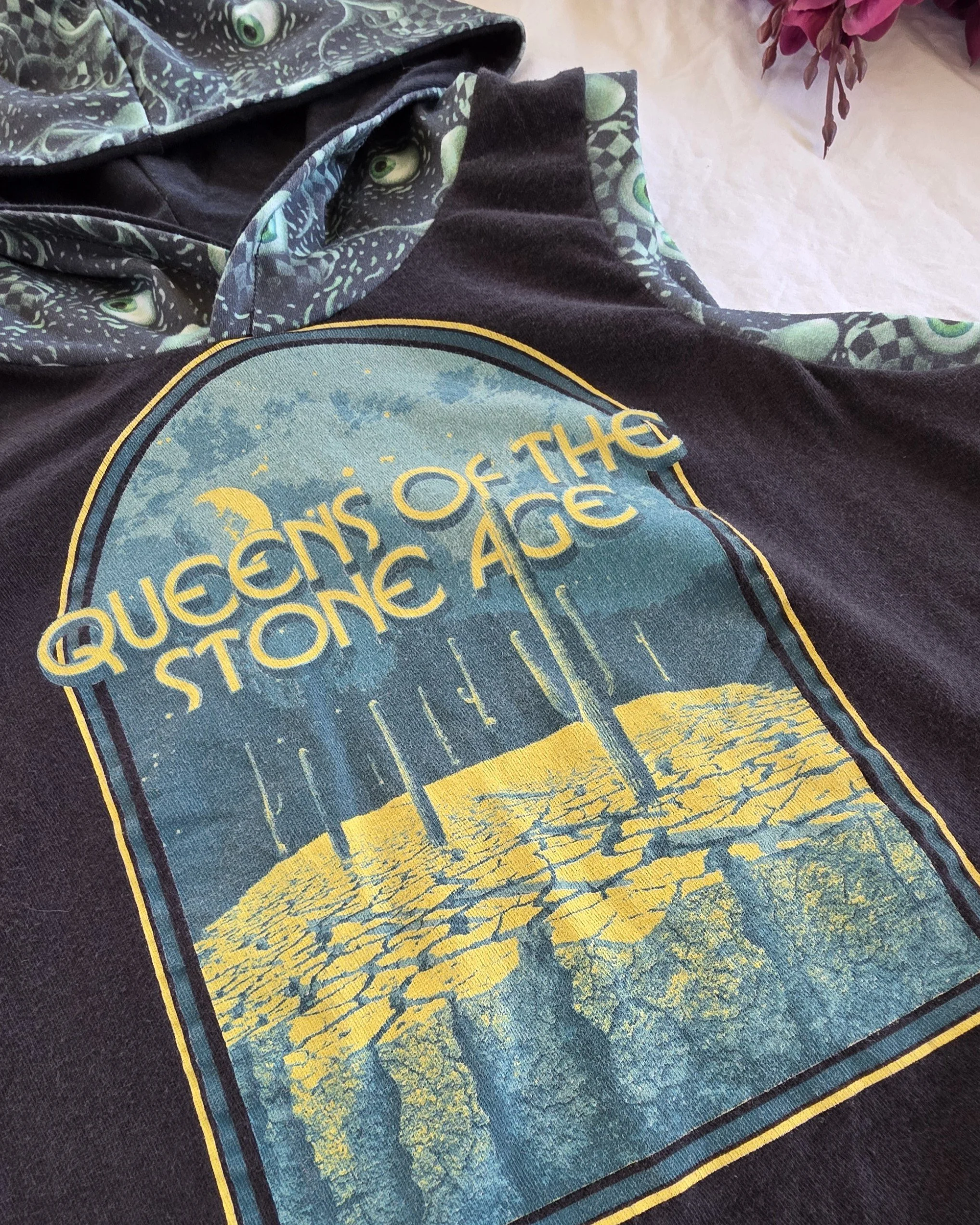 Upcycled Queens of the Stone Age Youth Sleeveless Hoodie, Grow With Me size 9-12yrs