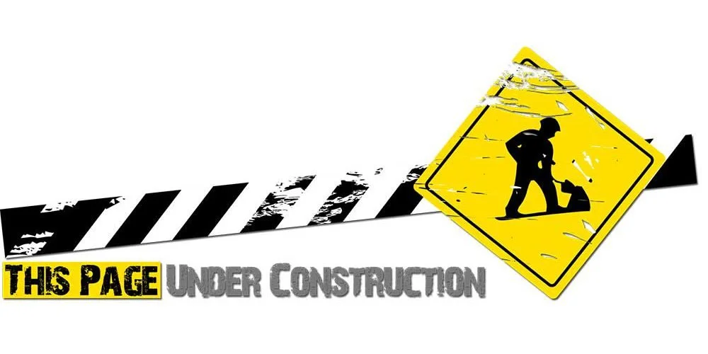A construction road sign with a person digging, placed on a background with black and yellow striped pattern and the text 'This Page Under Construction'.
