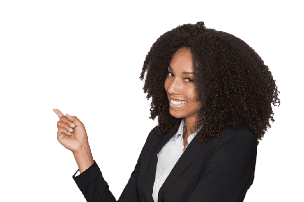 Smiling woman with curly hair wearing a black blazer and white shirt, pointing right.