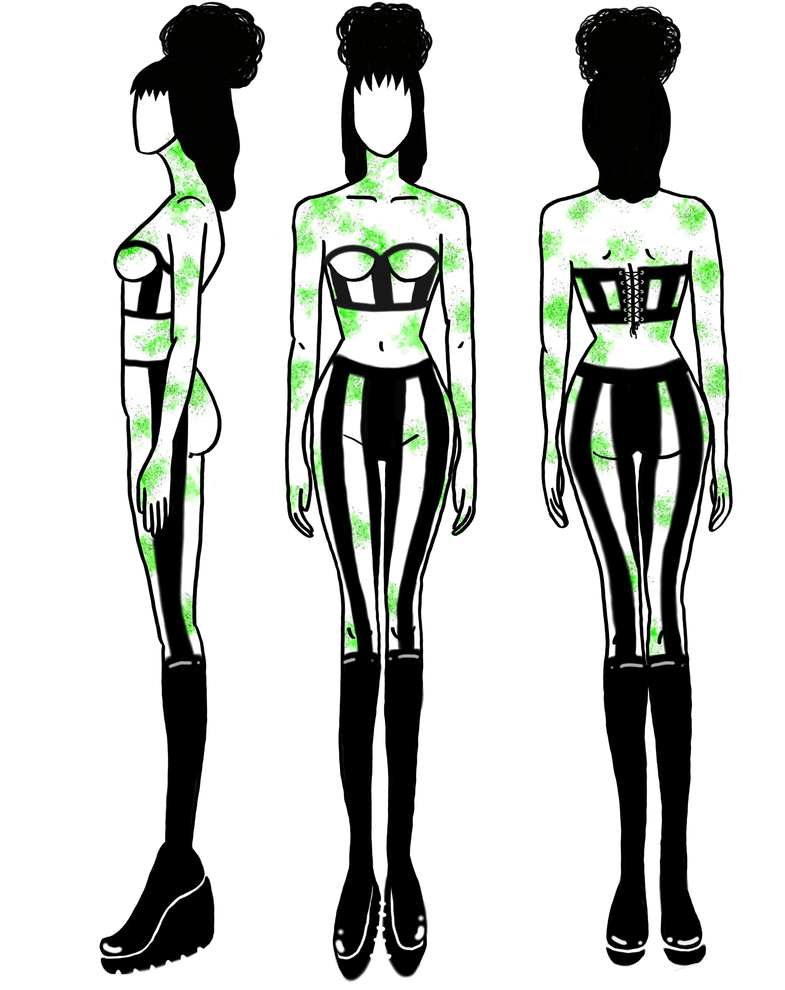 body paint sketch done in procreate. tattoos on live model were hand cut stencils airbrushed on.