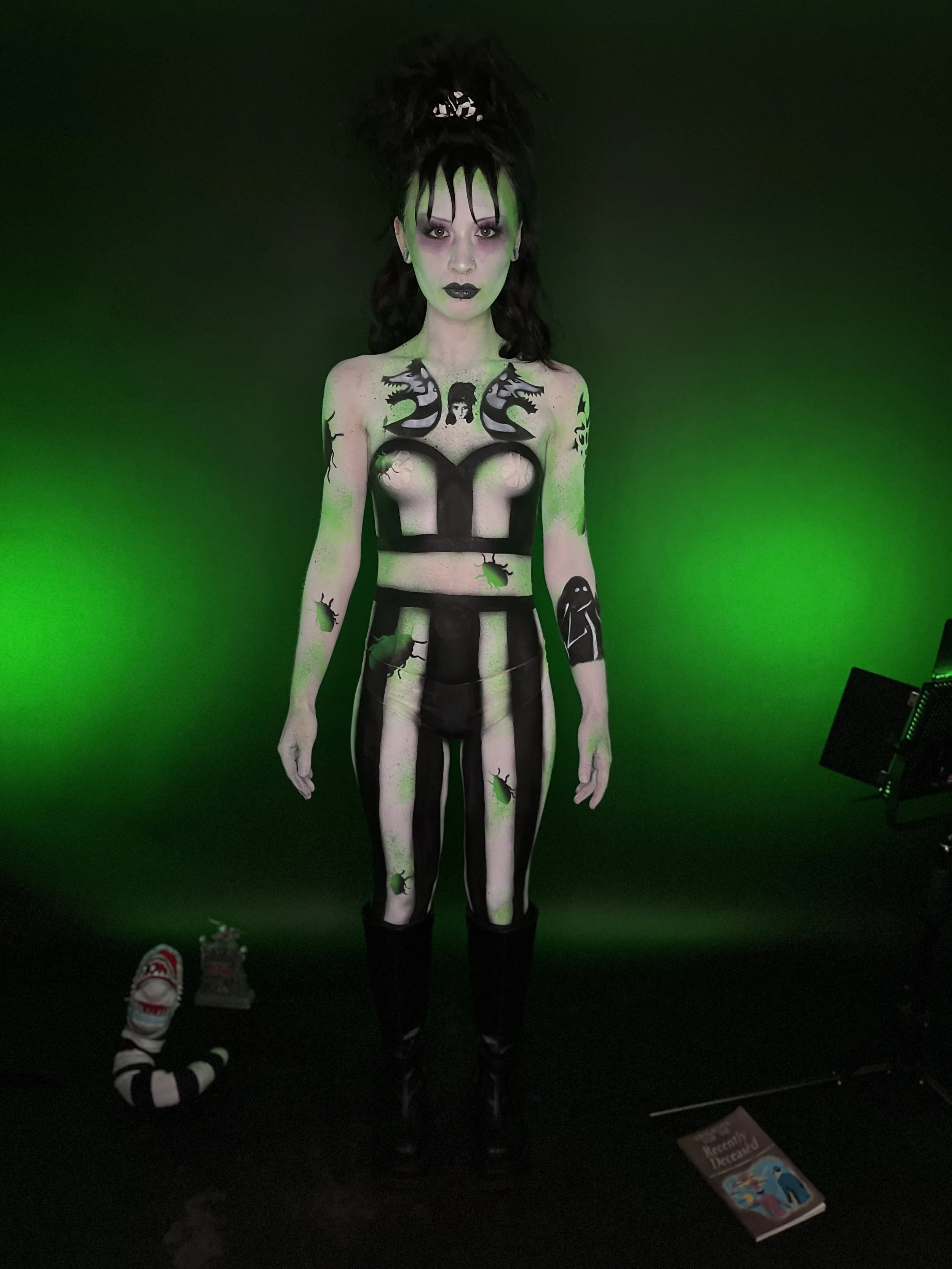 beetlejuice x lydia deetz body paint + airbrush tattoos