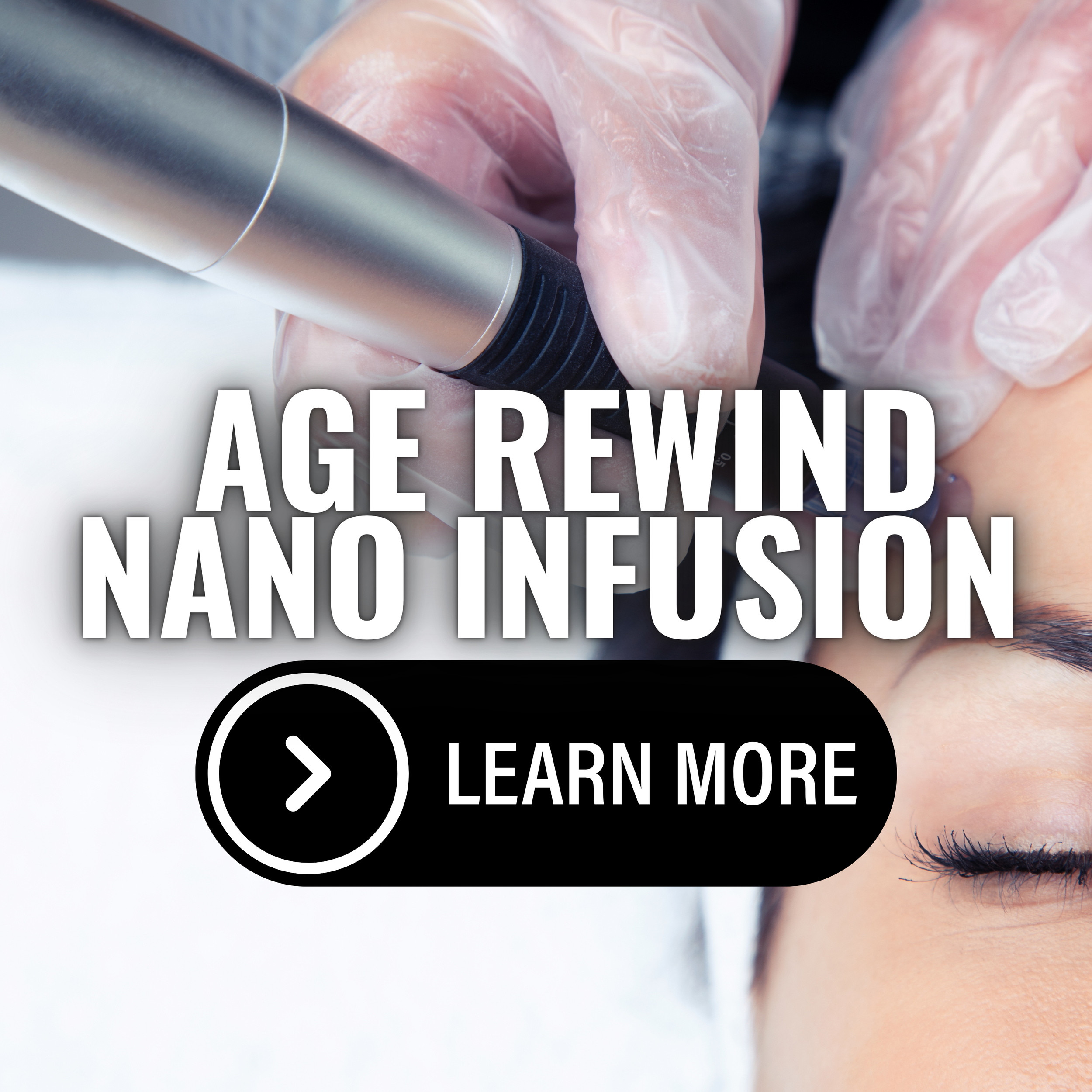 Gloved hands using a nano infusion pen on a client’s forehead during a professional skincare treatment, shown with a learn-more button overlay.