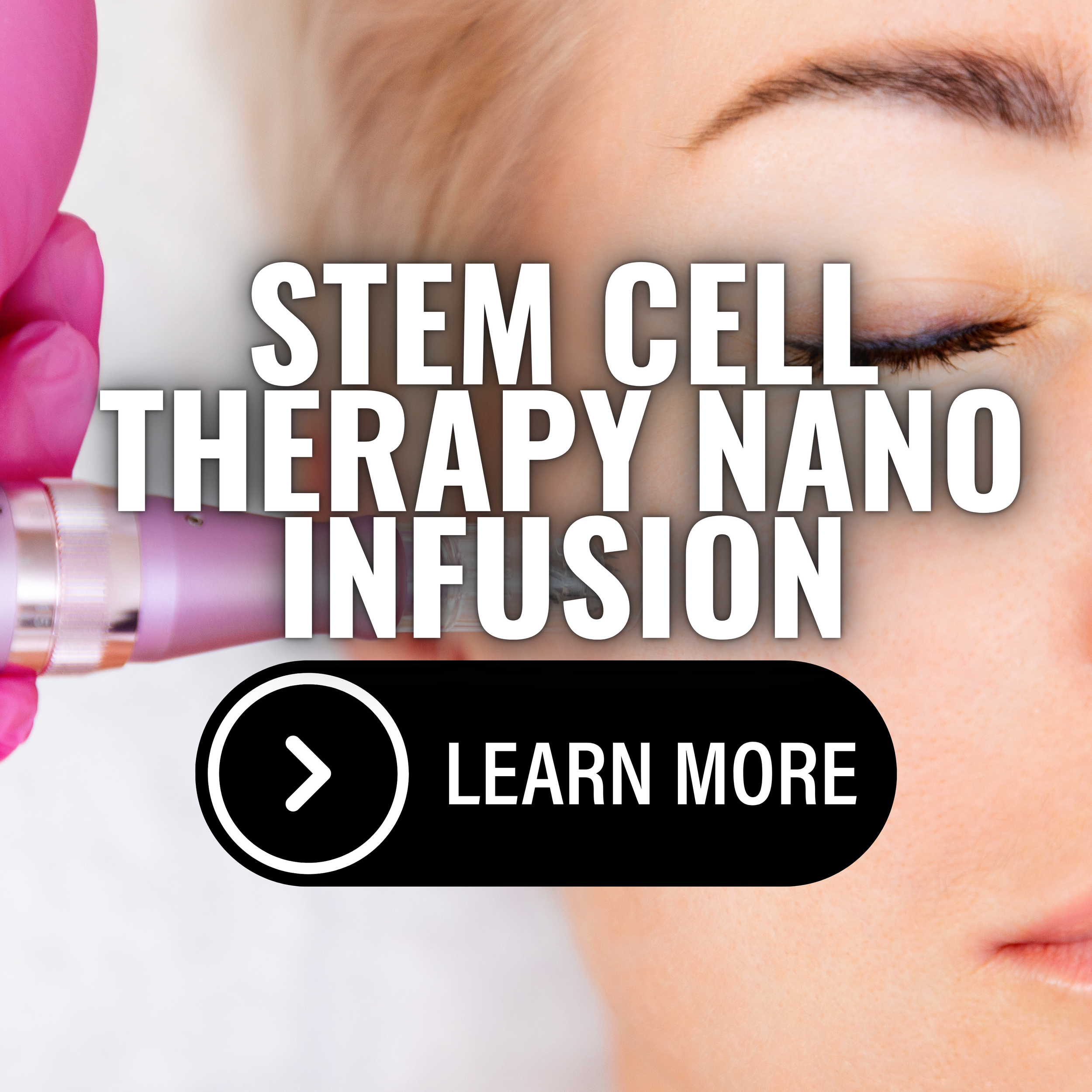 Close-up of a skincare professional performing a nano infusion treatment on a client’s face using a handheld device, with a call-to-action button displayed.