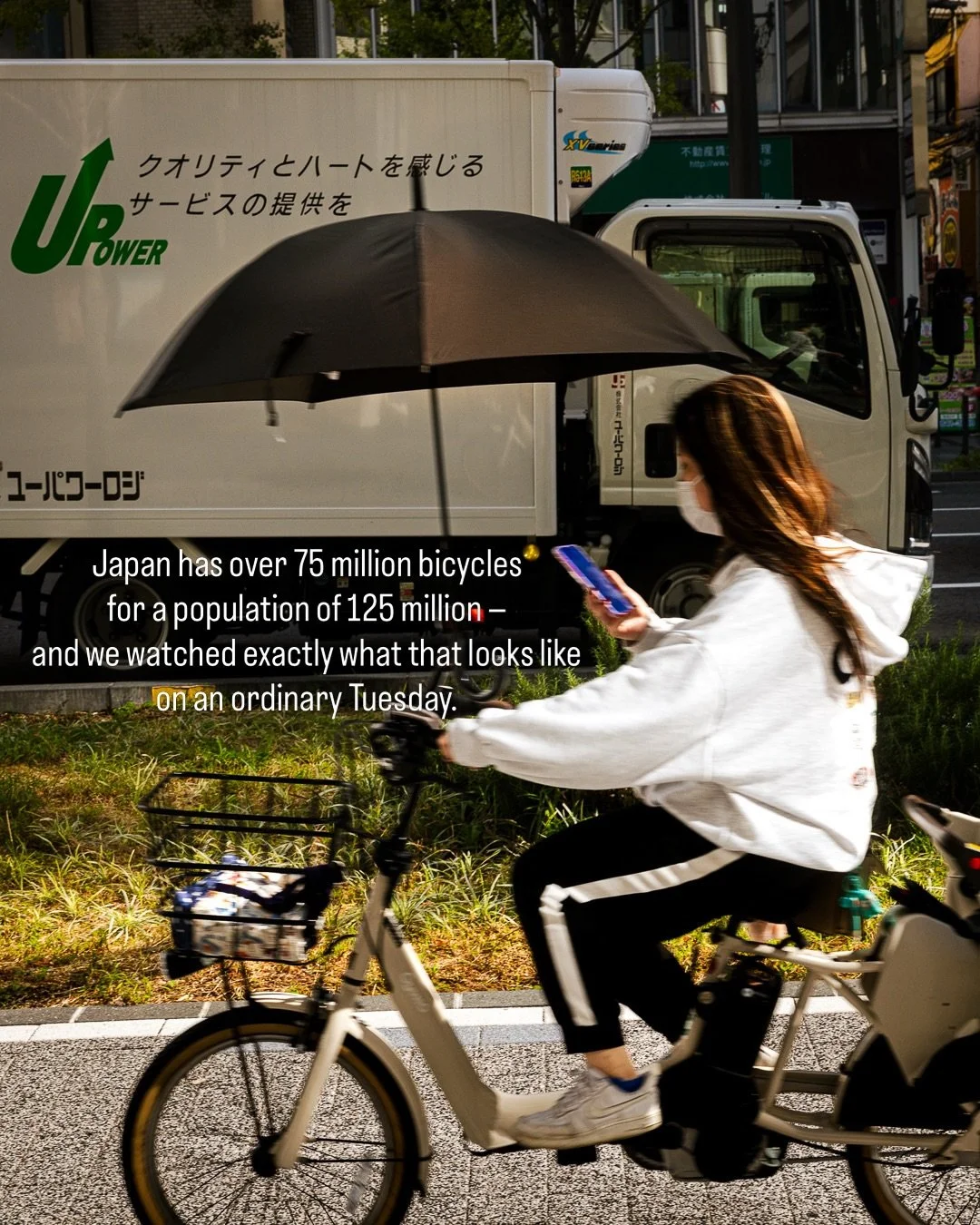 Japan has over 75 million bicycles for a population of 125 million &mdash; and we saw exactly what that looks like throughout Japan.

Not fitness gear, not spin class. Just people getting to work, to school, to the grocery store. 

In Osaka, a quarte