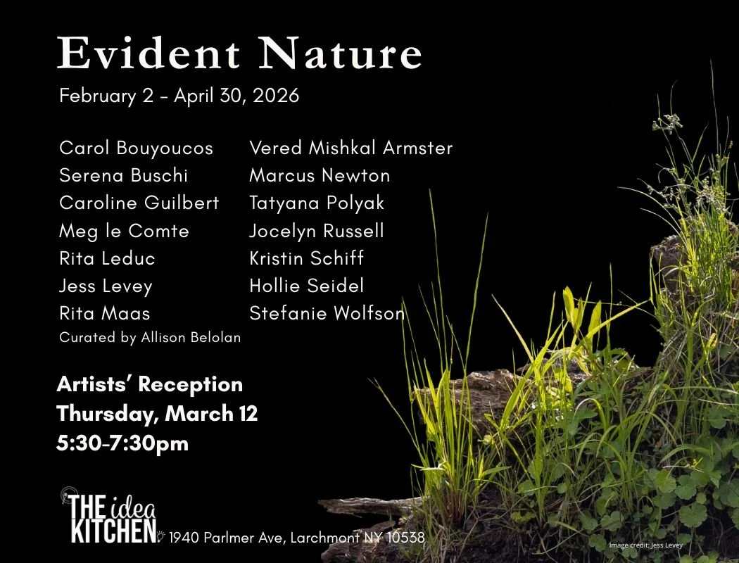 Evident Nature opening reception announcement featuring illuminated marsh grasses and plants against a black background, with artist names, exhibition dates, and reception details in white text.