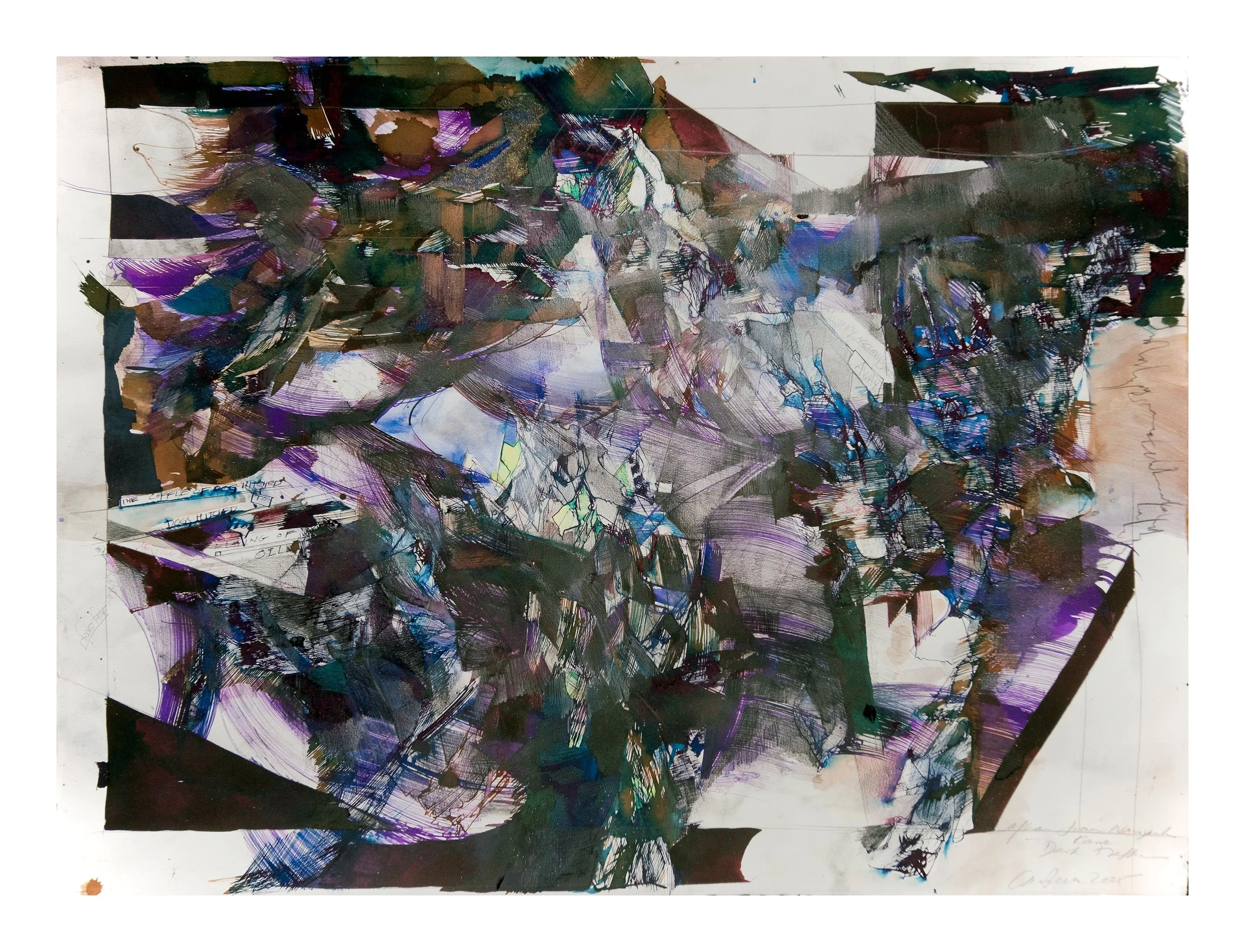 Christina McPhee, Coffle of Dog (After "Sometimes There Are Even Scars," by Joan Naviyuk Kane), Ink, watercolor, and graphite on hot press 140 lb paper, 22 x 30 inches, 2025, $3000