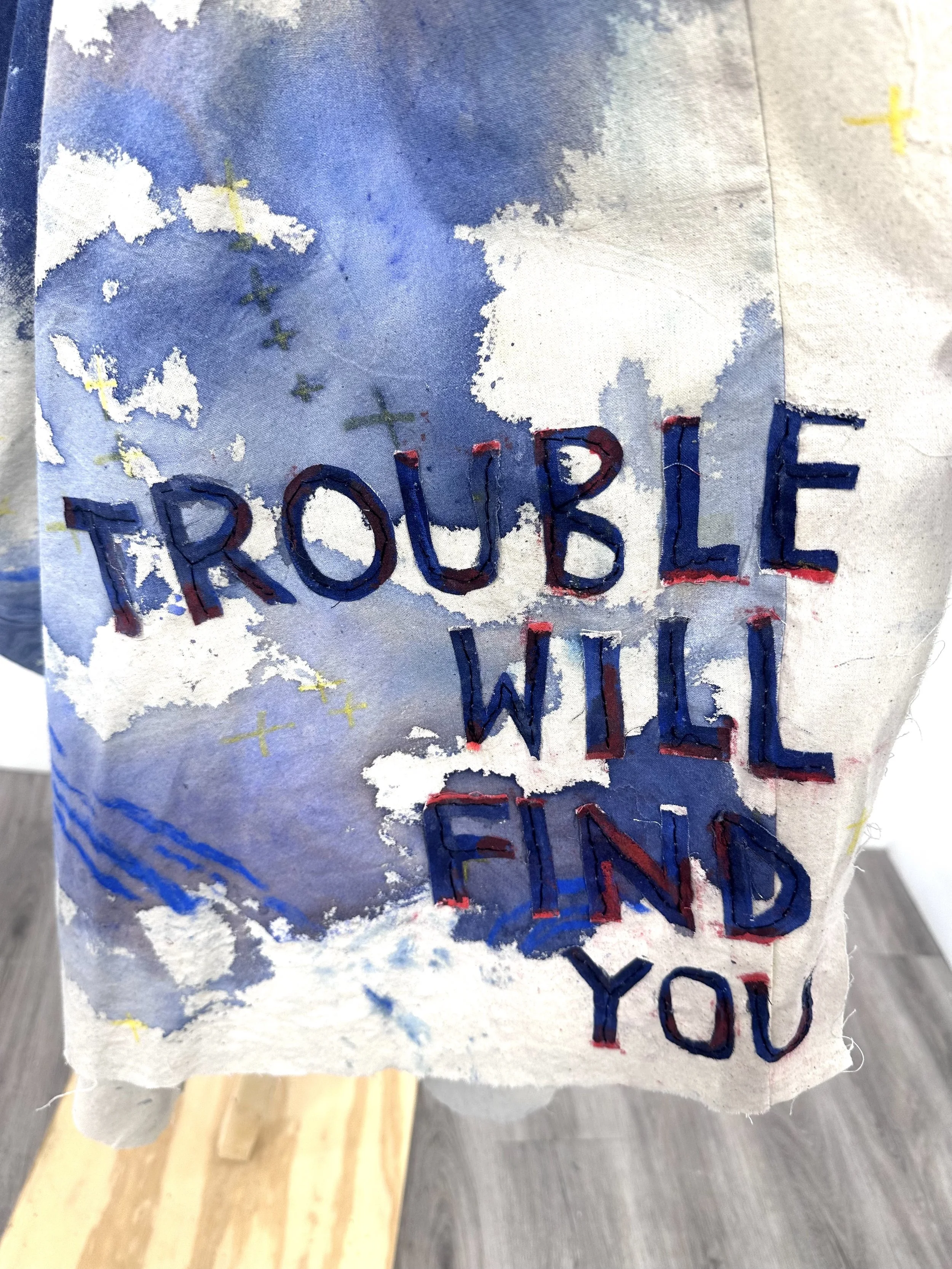 Wren Ross, Trouble Will Find You, mixed media on canvas, approximately 24 x 36 inches when hanging, 2026, NFS