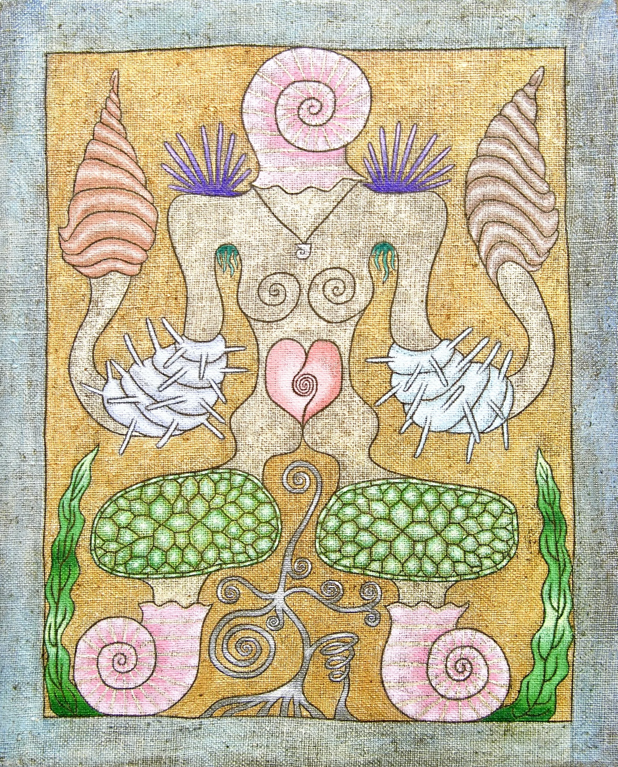 David Onri Anderson, Mollusk Hermit, Acrylic and metallic paint and graphite on raw found linen canvas, dirt from being buried for 3 days, 10 x 8 inches, 2025, $2000
