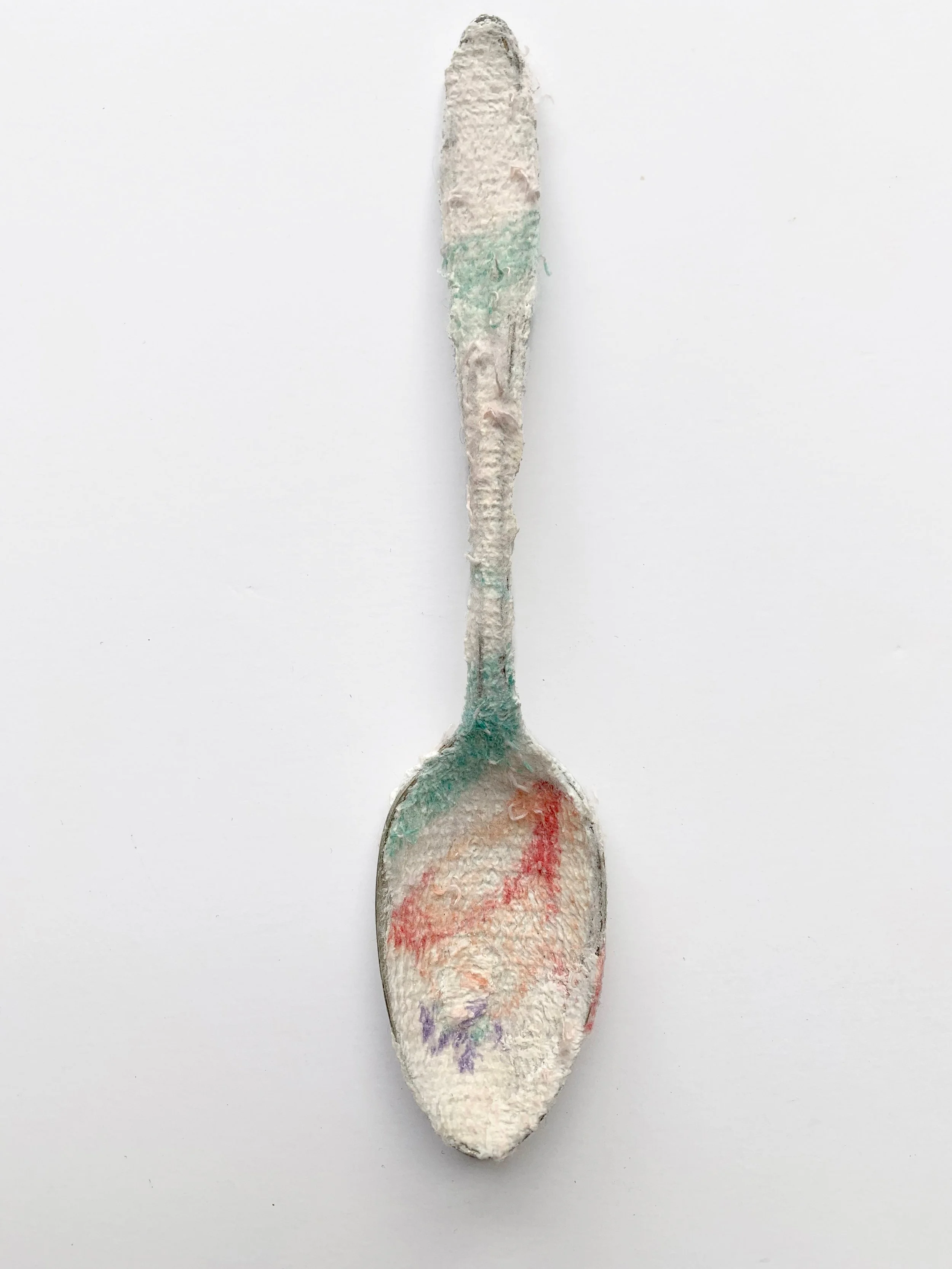 Kathleen Granados, Leftovers (101), Found spoon, found dishtowels, modeling paste, 1.5 x 7.25 inches, 2022, $325