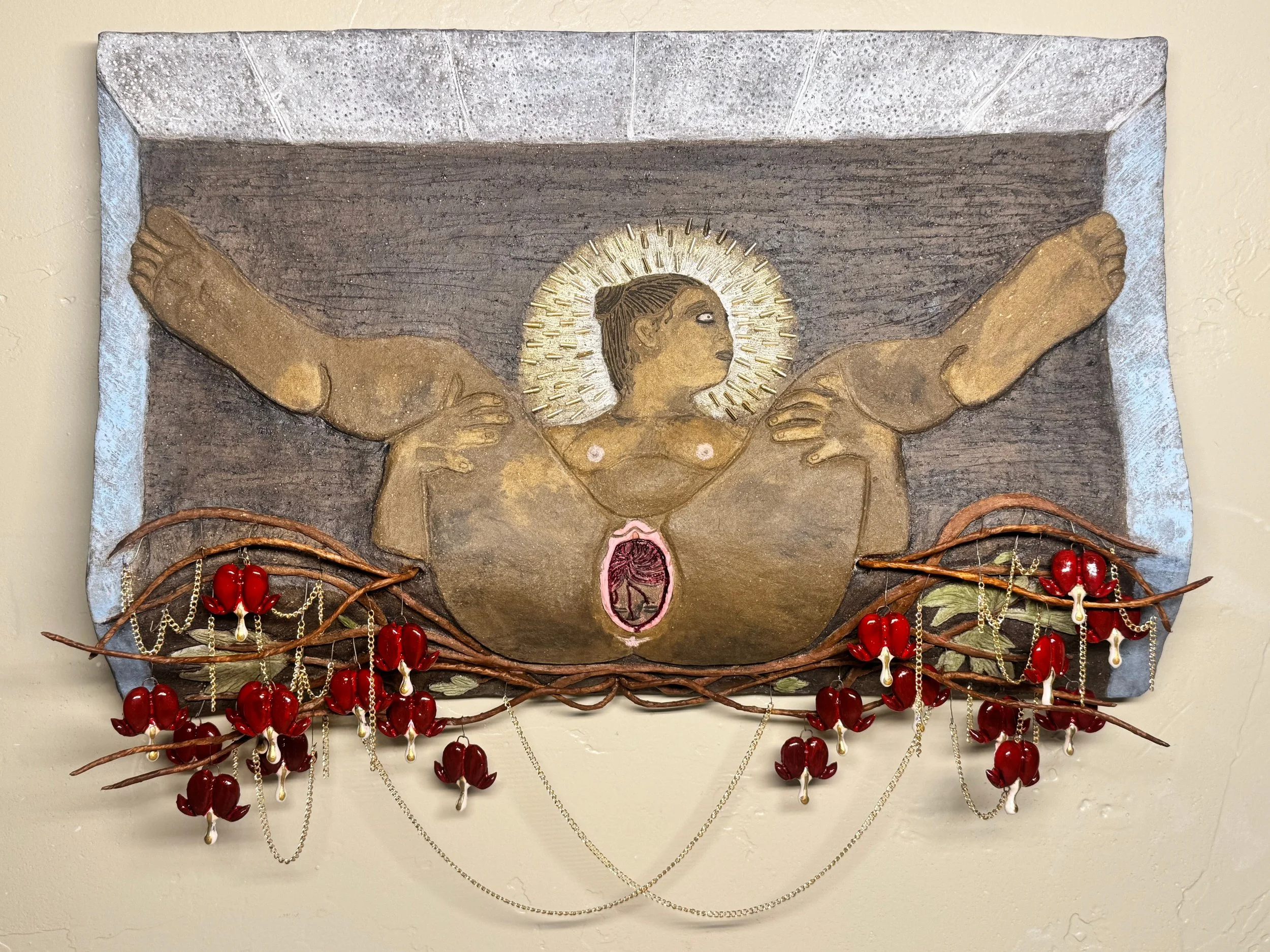 Susan Flores, I Regret Saying No To The Mirror, Mixed Media (clay, wire, acrylic paint, paper mache, beads, chain), 16.5 x 10.5 inches, 2026, $650