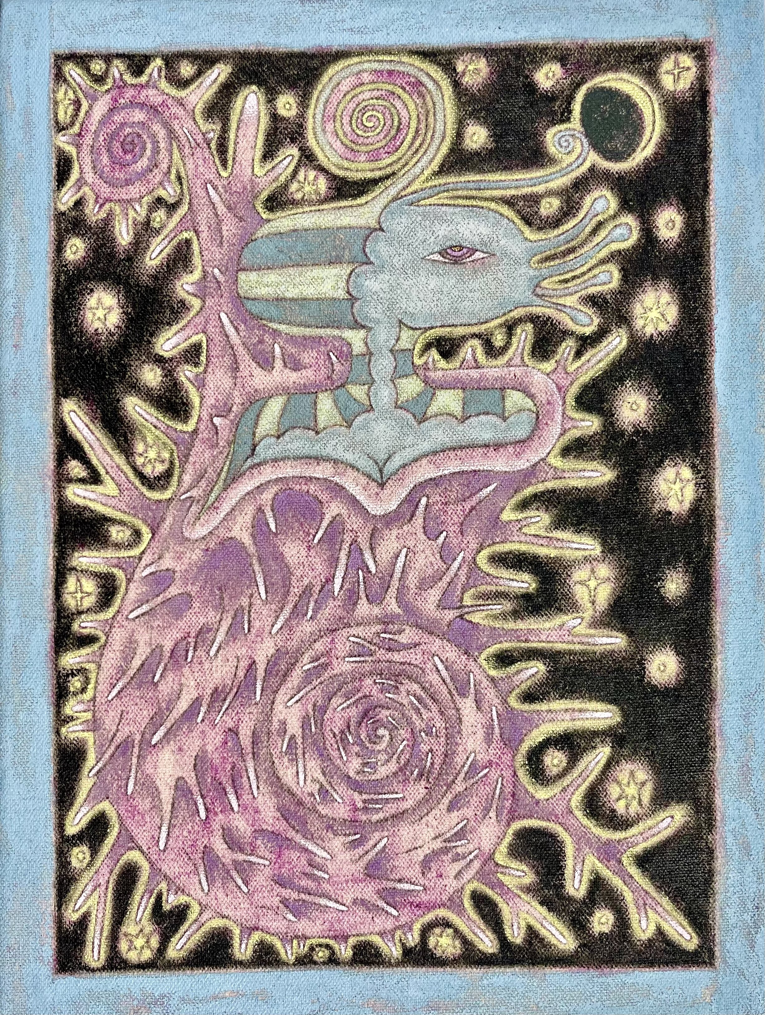 David Onri Anderson, Cosmic Glow Worm, Rose dye, acrylic and metallic paint and graphite on raw canvas, 12 x 9 inches, 2026, $2000