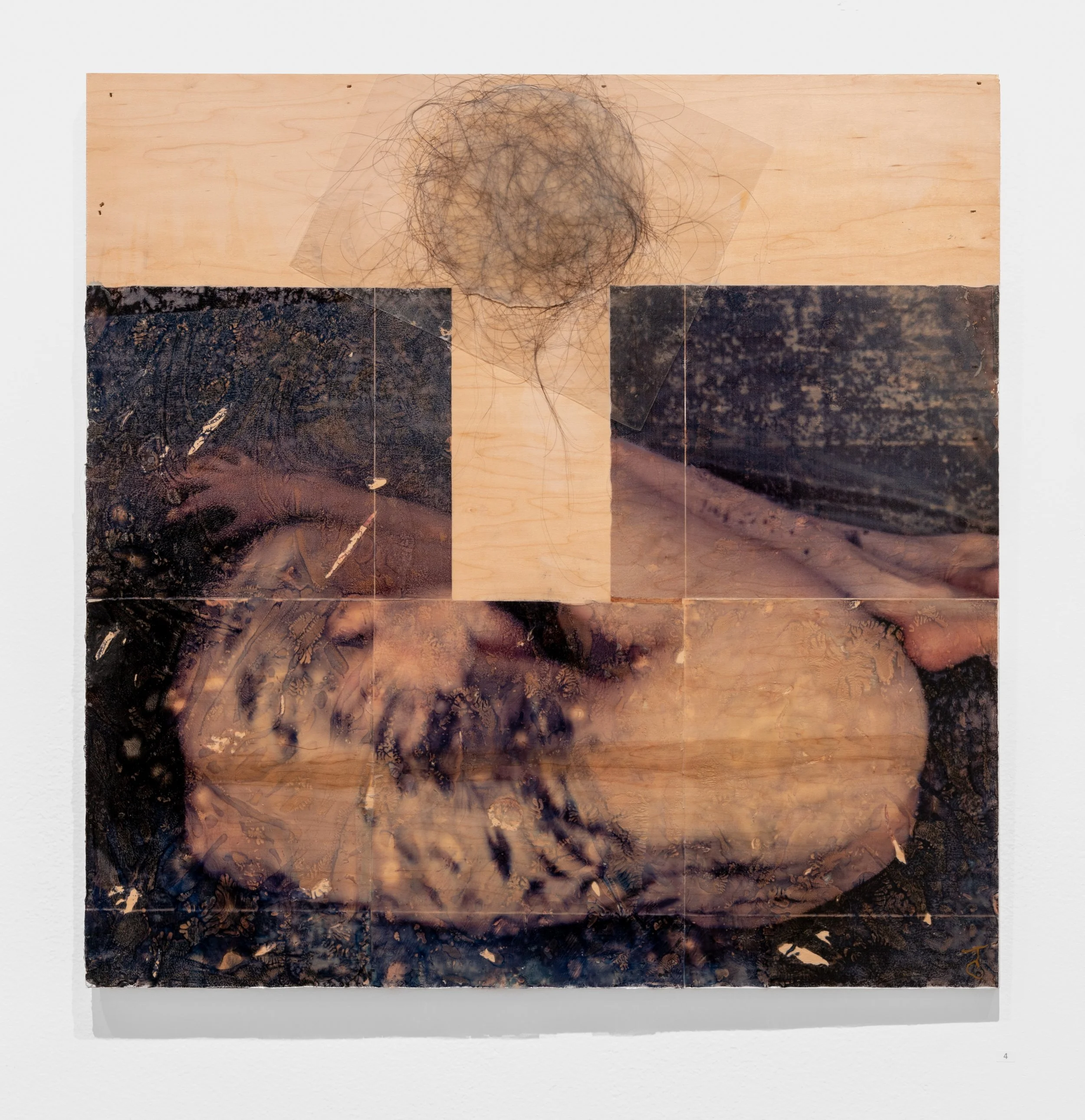 Jenny Chernansky, Depression, mixed media inkjet photo transfer on wood panel, hair,  2024, $3500