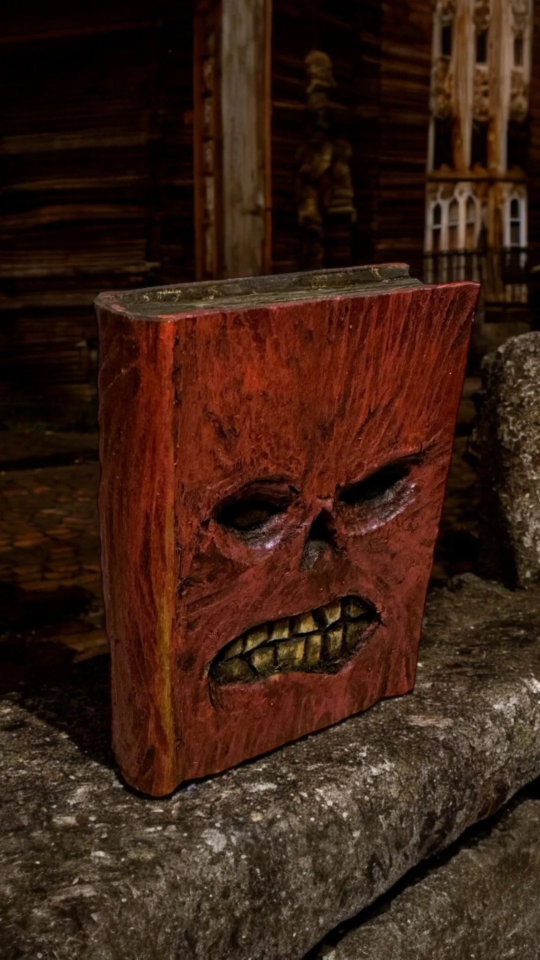 Wooden sculpture of a face with angry expression, dark eyes, and bared teeth, placed outdoors on a stone surface at night.