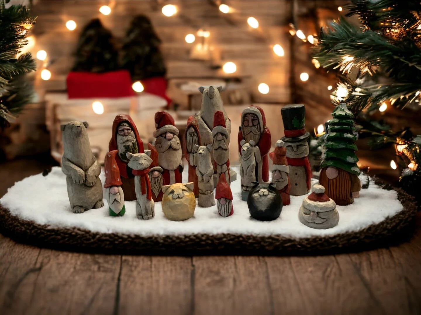 Christmas nativity scene with wooden figurines of Santa Claus, Santa's helpers, a reindeer, Christmas trees, and presents on a snowy surface, decorated with string lights and holiday decor.