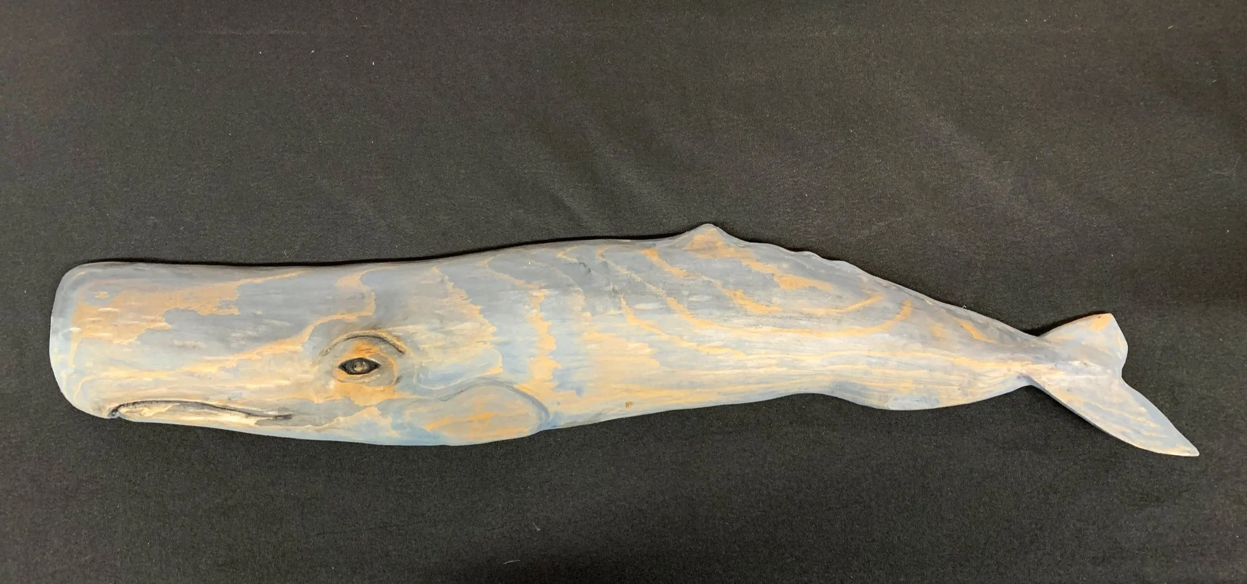 A realistic sculpture of a whale's head and upper body, featuring detailed features and painted in shades of gray, cream, and light brown, placed on a black surface.
