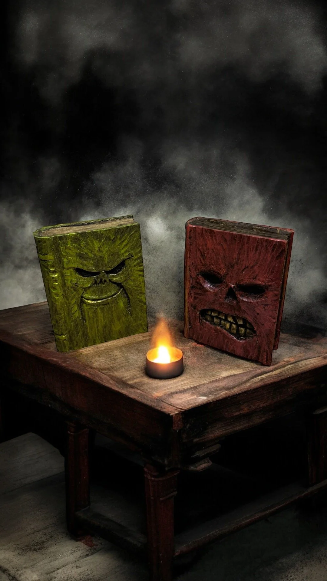 Two carved wooden books with faces, one green with an angry face and the other red with a snarling face, on a wooden table with a small lit candle in front, against a smoky dark background.