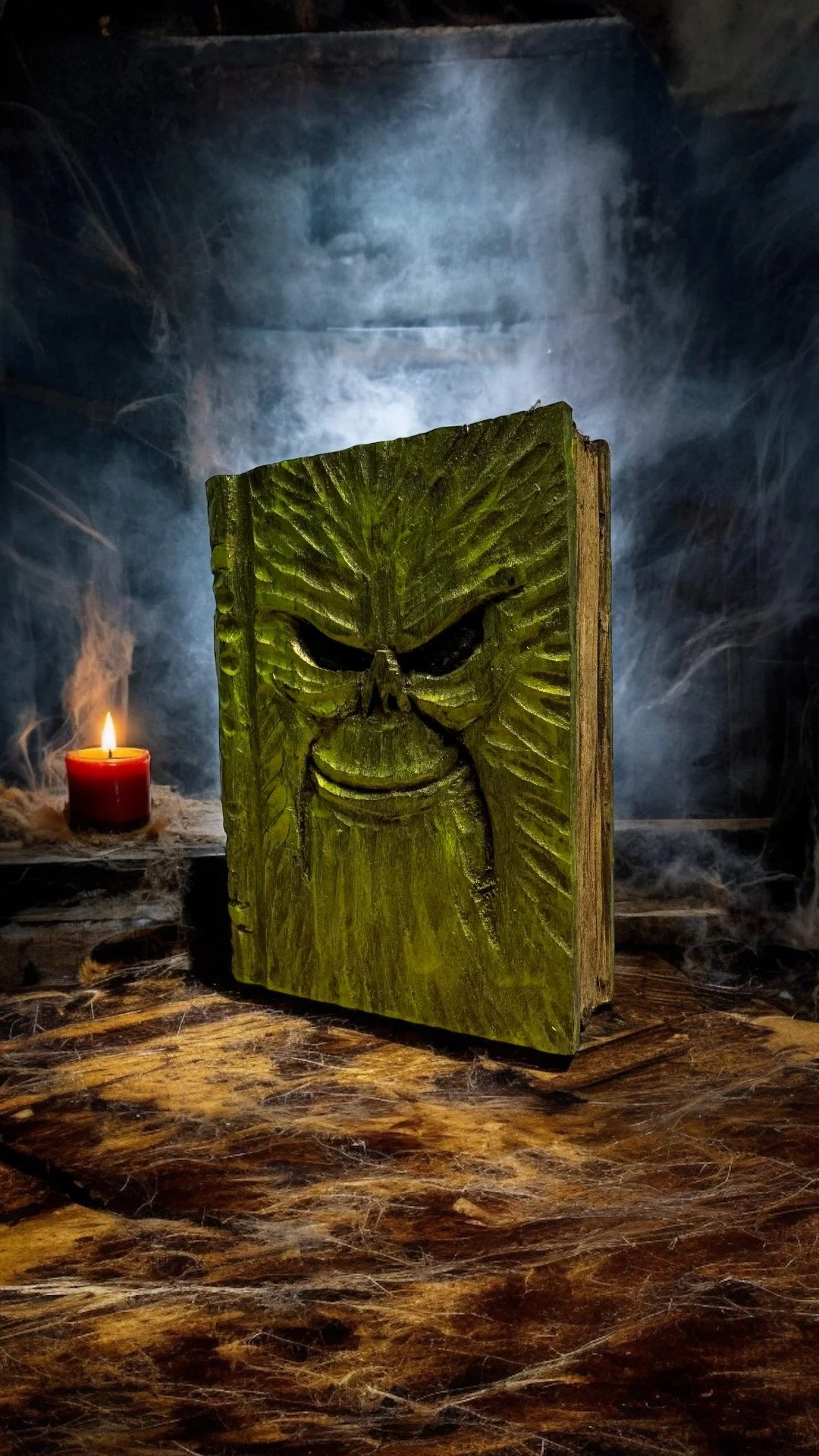 A wooden carved mask with a face displaying a mischievous smile and dark eyes, set on a rustic wooden table, with a lit red candle beside it and cobwebs and fog creating a spooky Halloween atmosphere.