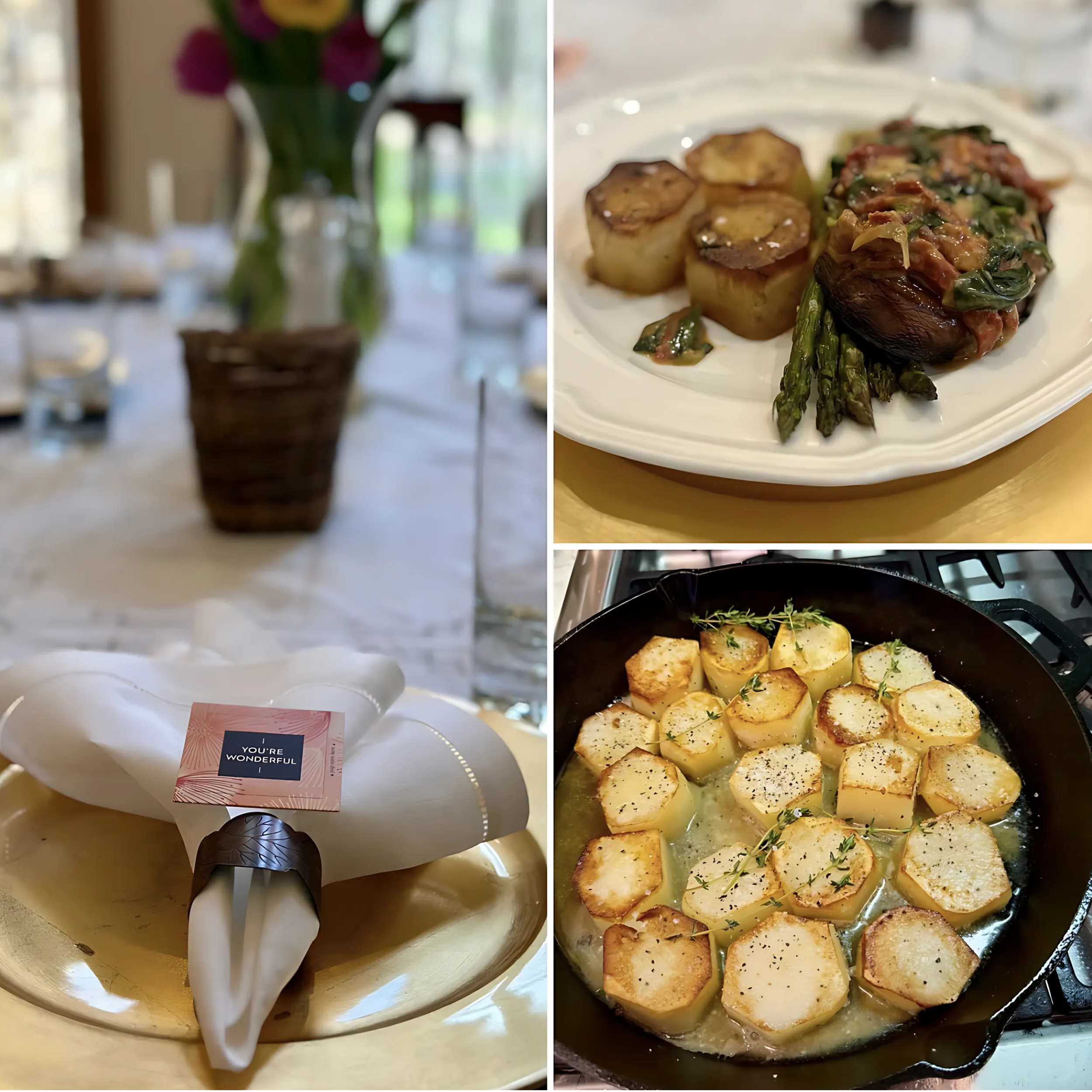 A collage of four photos from a dinner event. The top left shows a dining table with a vase of flowers, blurred background. The top right has a plate of roasted garlic, asparagus, and a vegetable tart. The bottom left displays a wrapped napkin with a