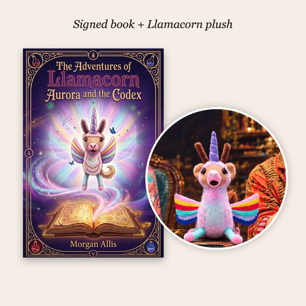 Signed Adventures of Llamacorn book with the Llamacorn plush