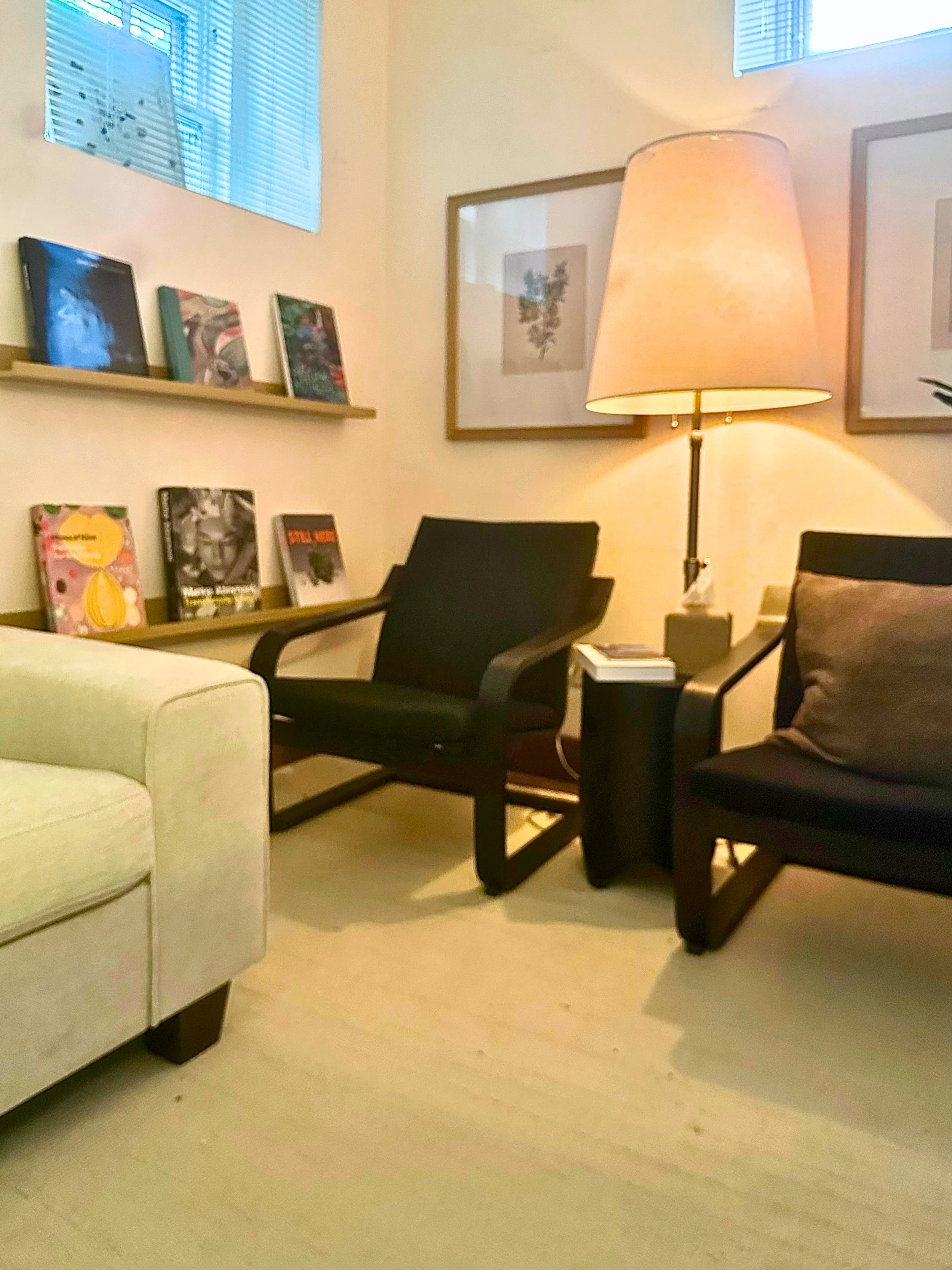 waiting room featuring two black chairs, white sofa and lamp with art books and overall calming, midcentury modern look