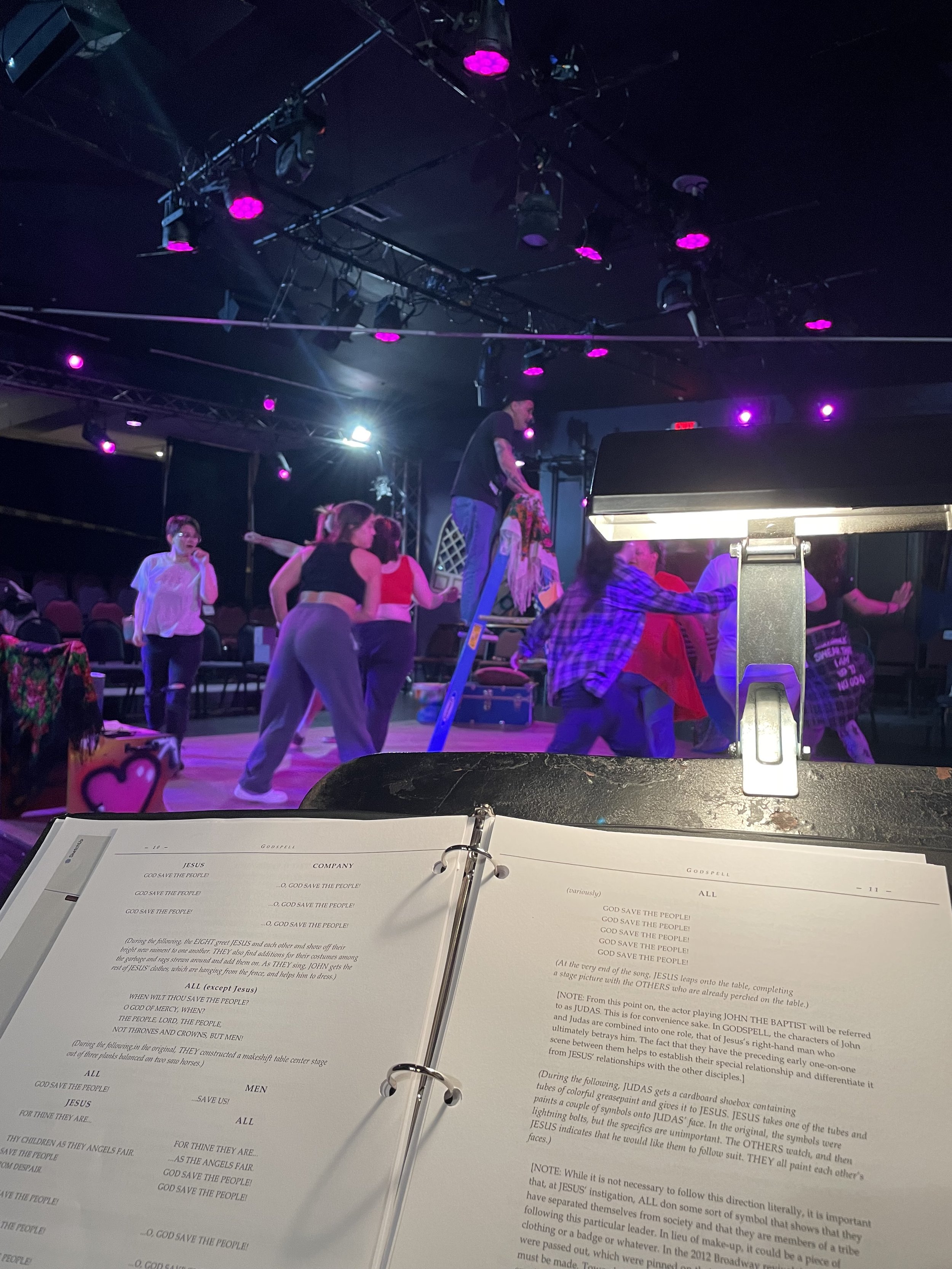 I was Assistant Stage Manager for Sarasota Players Theater's production of Godspell. This was my first time working on a community theater show and unfortunately the stage manager got horribly sick. This meant she was out of rehearsals for the last t