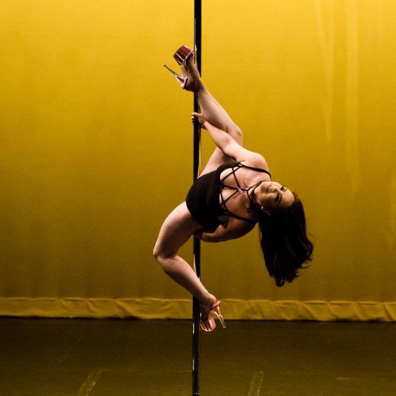 A woman performing a pole dance pose, hanging upside down with one leg wrapped around the pole, wearing a black outfit with high-heeled shoes, against a yellow background.