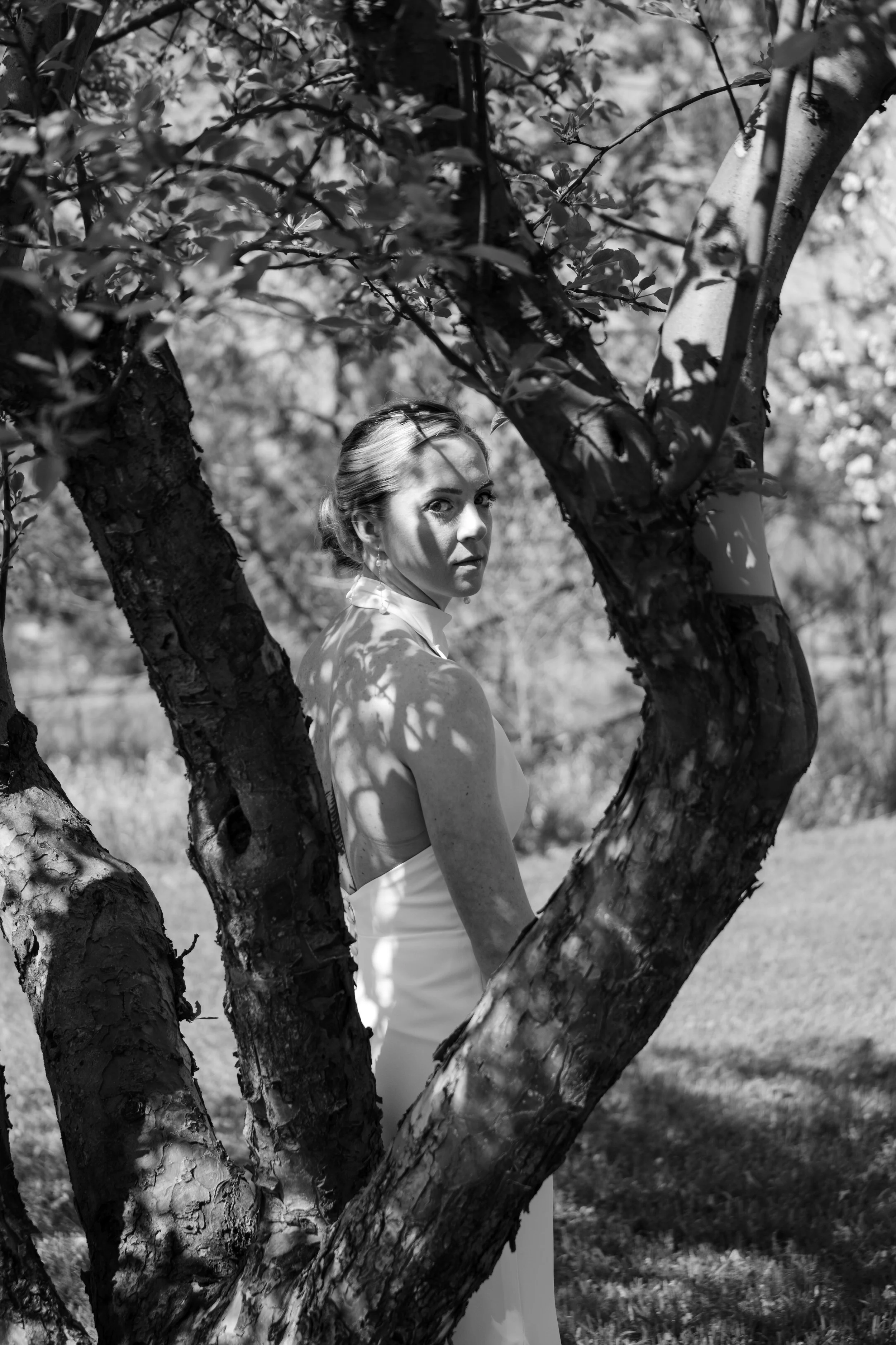 A black and white photo of a woman with a bun hairstyle, standing outdoors behind a tree with textured bark. She is wearing a sleeveless dress and looking over her shoulder with a serious expression, with sunlight creating shadows on her face and arm