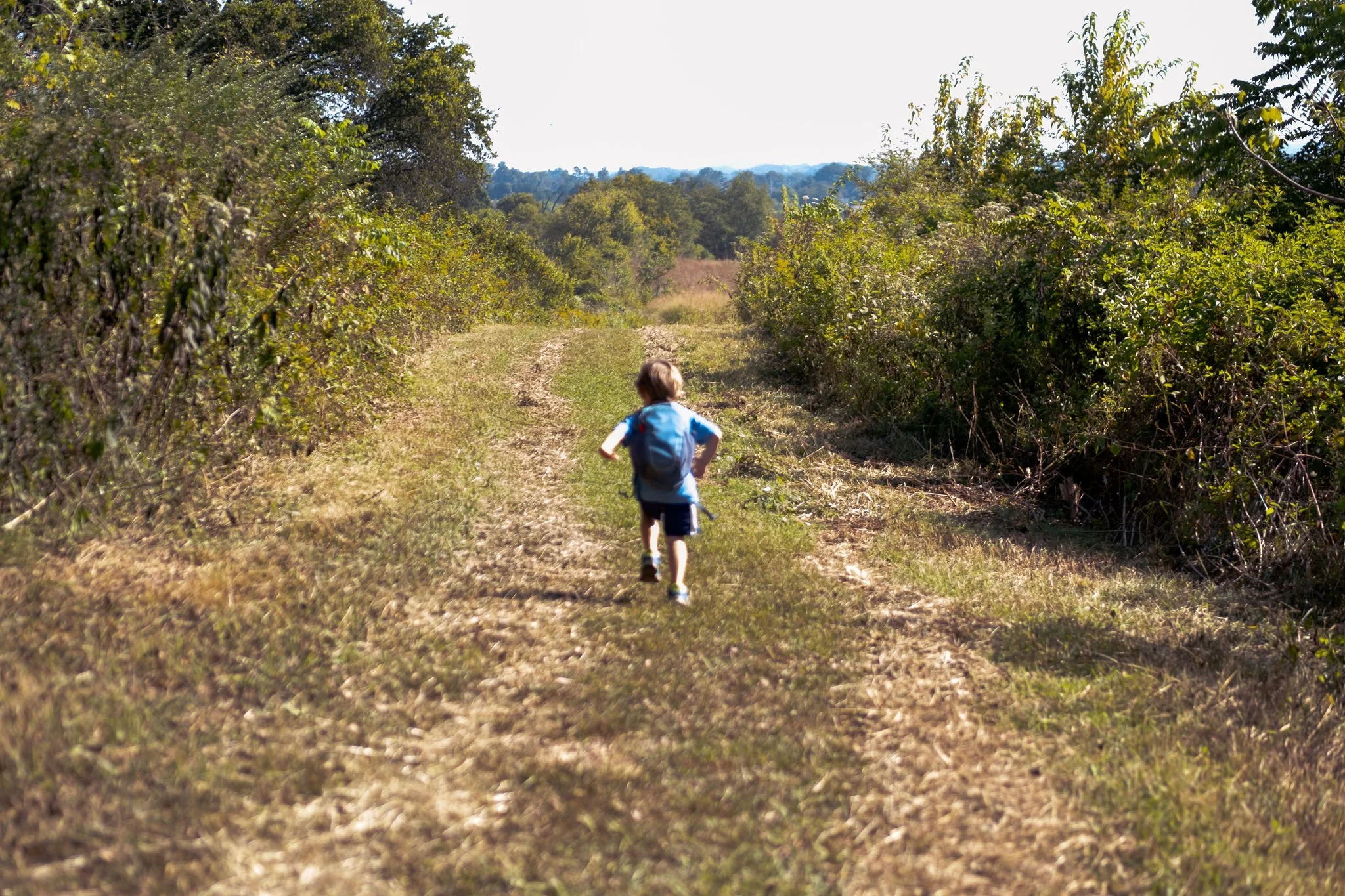 A young child running on a dirt trail through a natural landscape with bushes and trees on a sunny day.