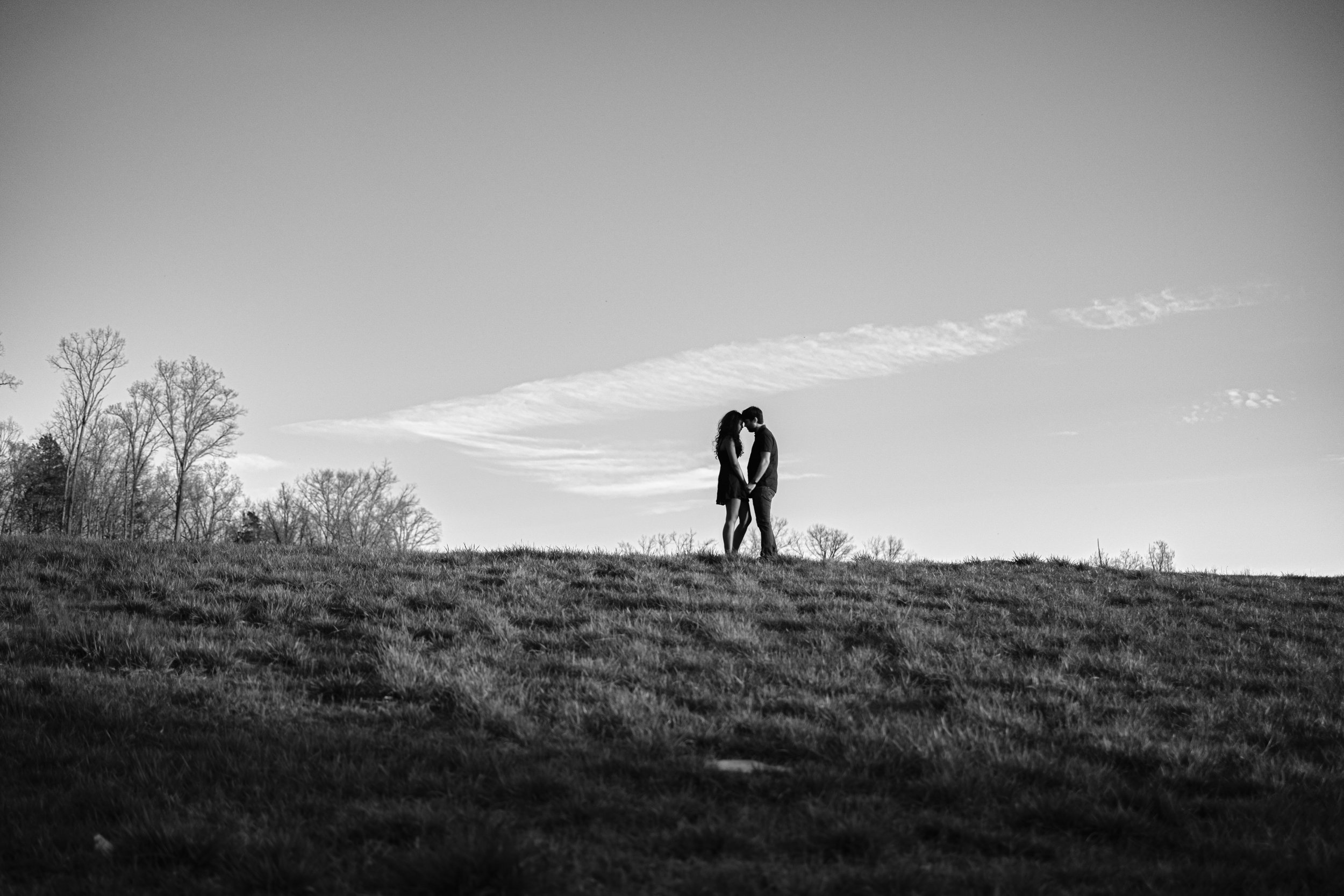Black and white photo of a couple standing close together on a grassy hill, holding hands and touching foreheads, with bare trees in the background and a cloudy sky.