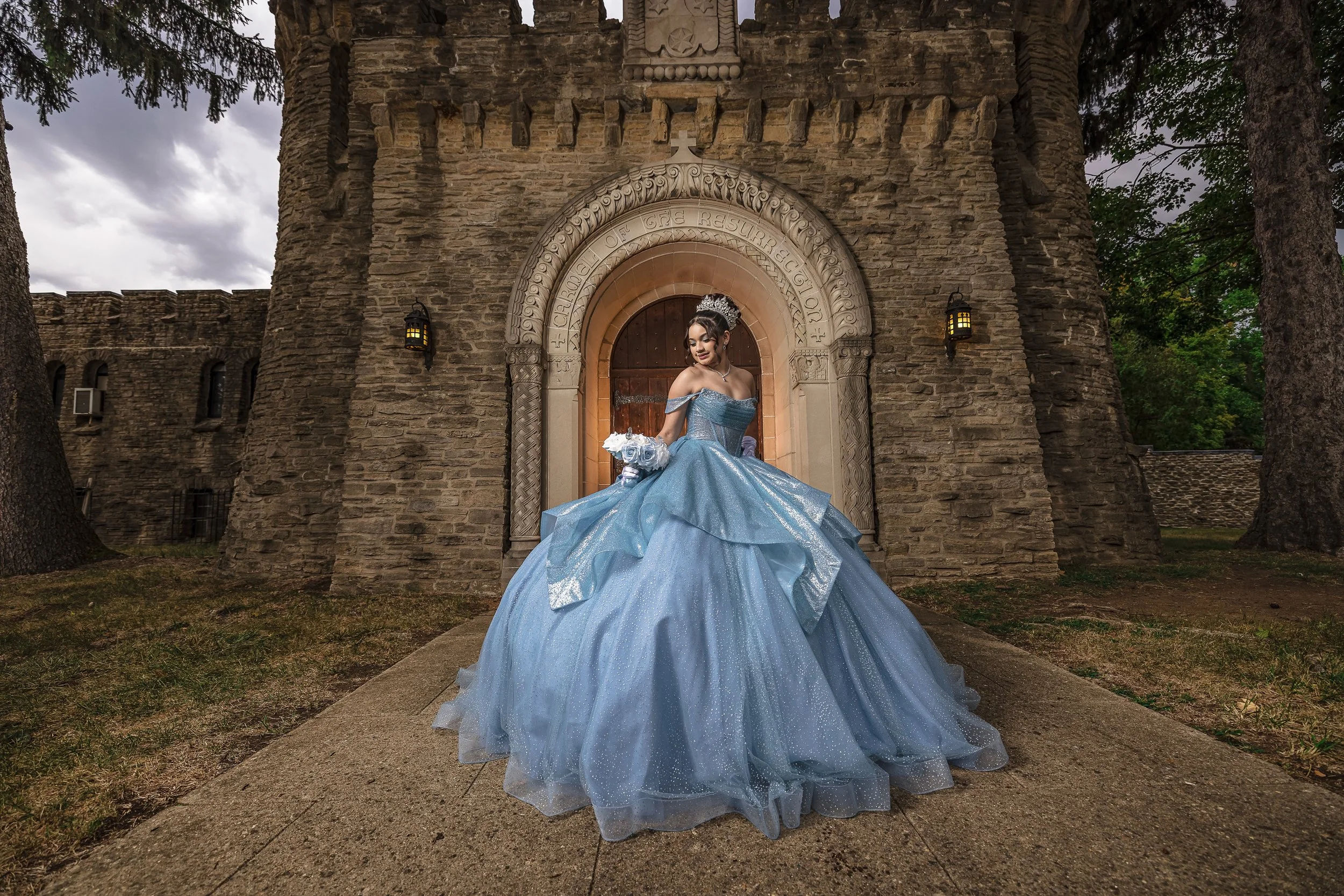 Luxury quinceañera photoshoot with ball gown at castle style venue – professional Sweet 15 photography Indianapolis