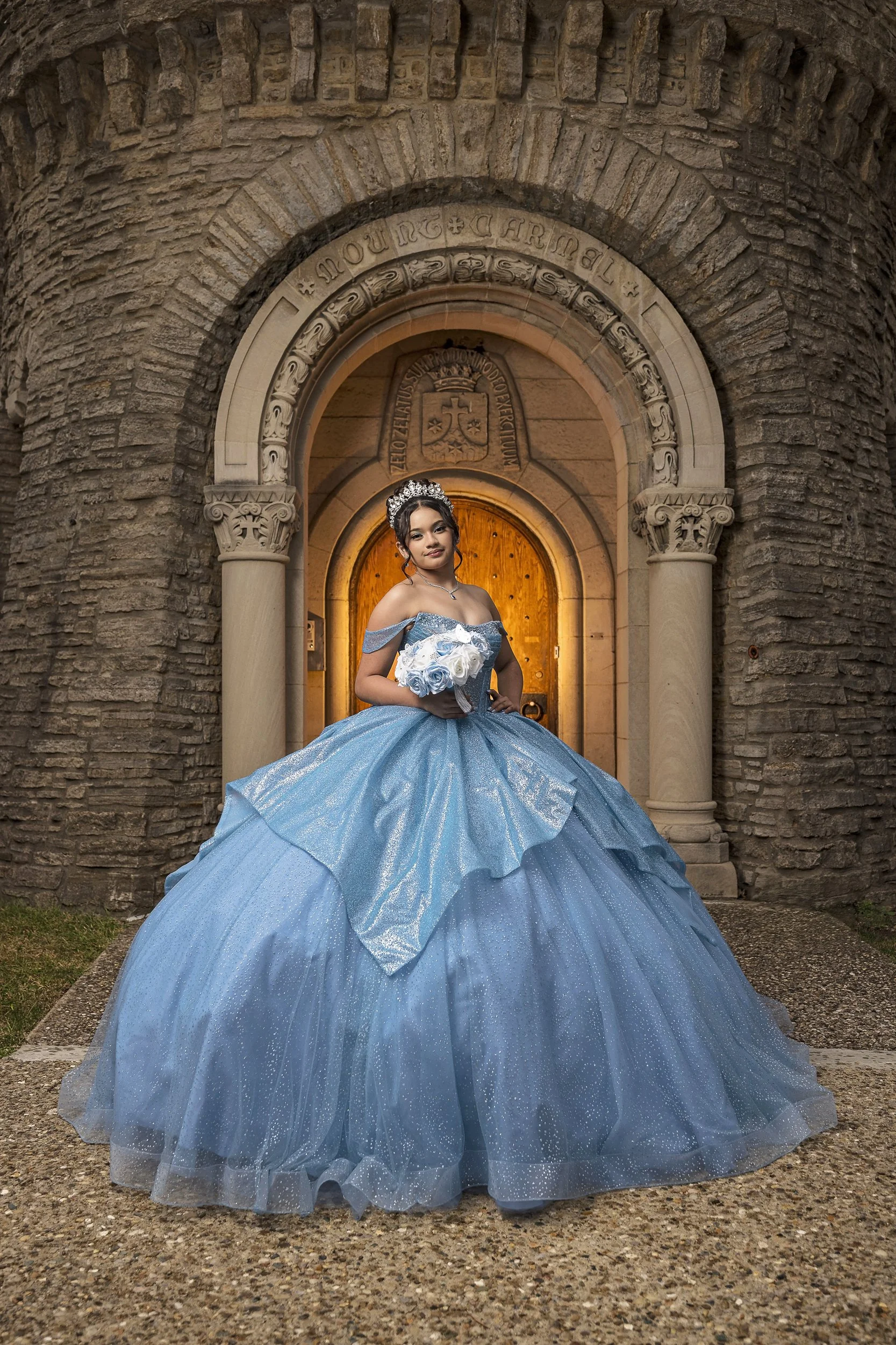 Luxury quinceañera photoshoot with ball gown at castle style venue – professional Sweet 15 photography Indianapolis