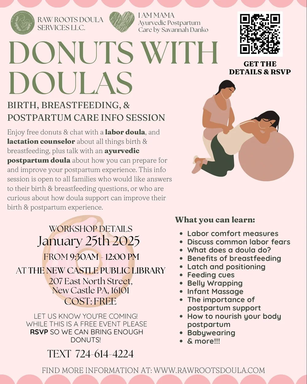 Join us for Donuts With Doulas! 🍩🩷

Connect, Discover, and Enjoy the company of other local families and expecting parents while enjoying donuts and discussing all things birth and postpartum! 

We hope to see you there! Children are welcome. 😊Fin