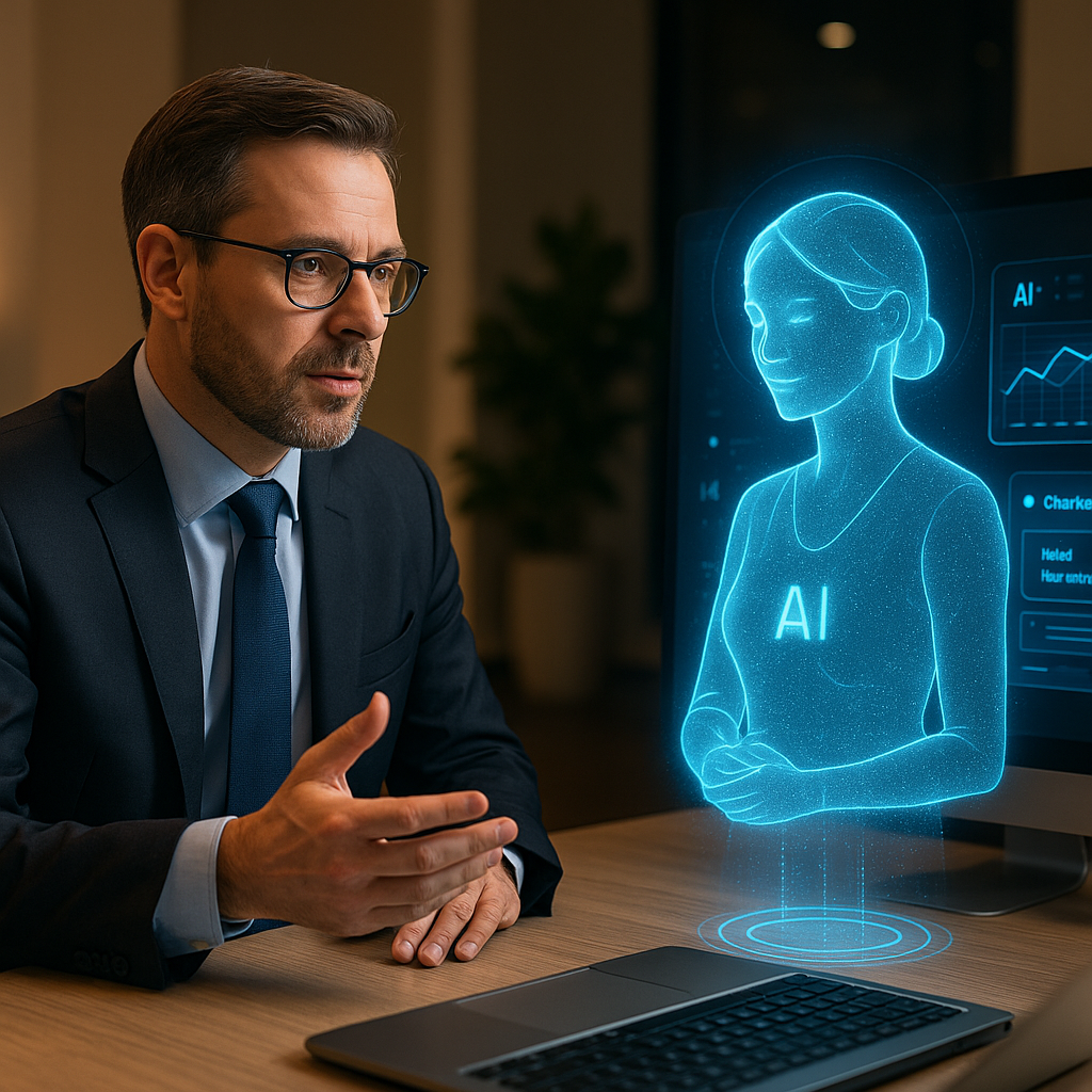 Man som diskuterar AI-teknologi med en holografisk kvinnlig AI-figur på en dator.