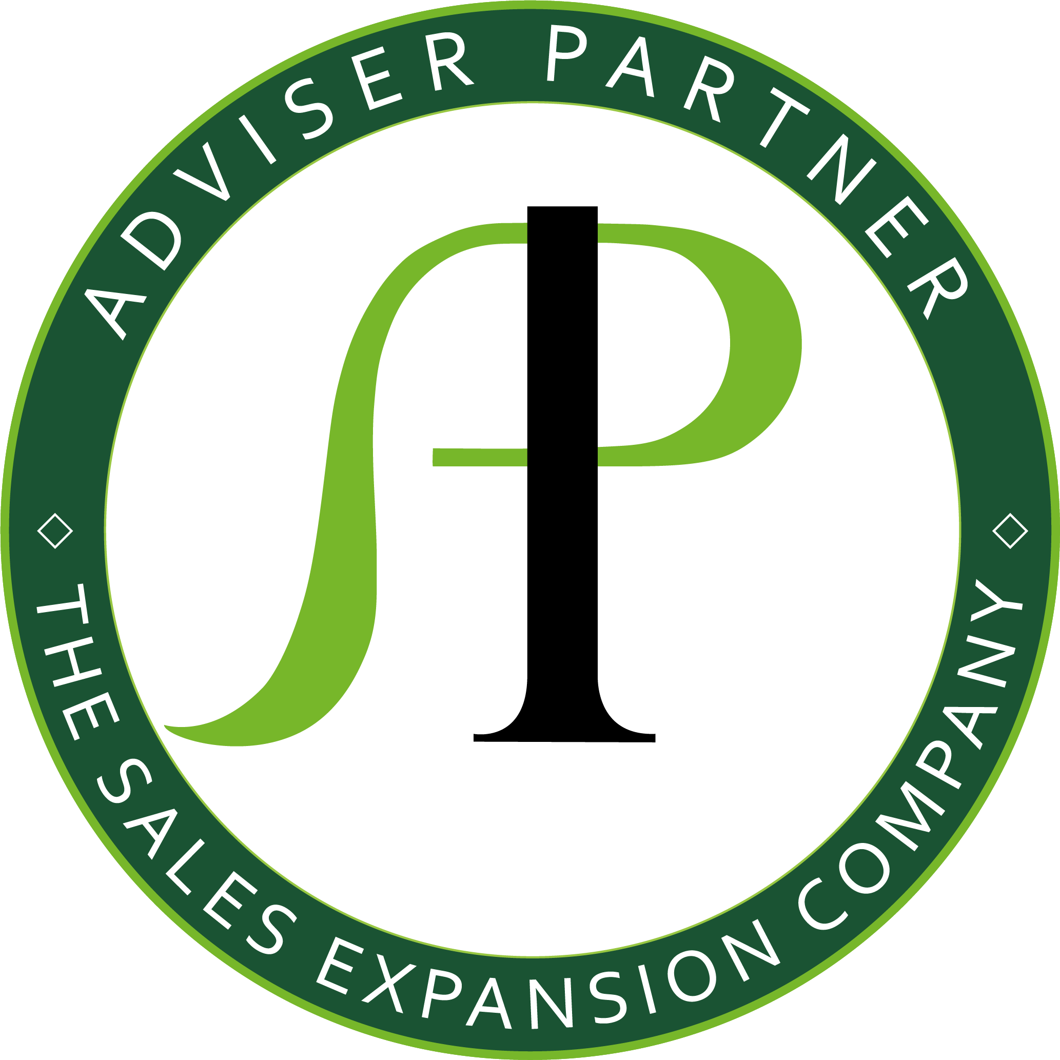 Cirkulärt emblem med texten 'Adviser Partner' och 'The Sale's Expansion Company' samt en stor bokstav 'P' i mitten, delvis svart och delvis grön.