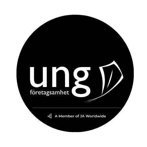 Logotyp för Ung Företagsamhet med en svart bakgrund och en tecknad penna.