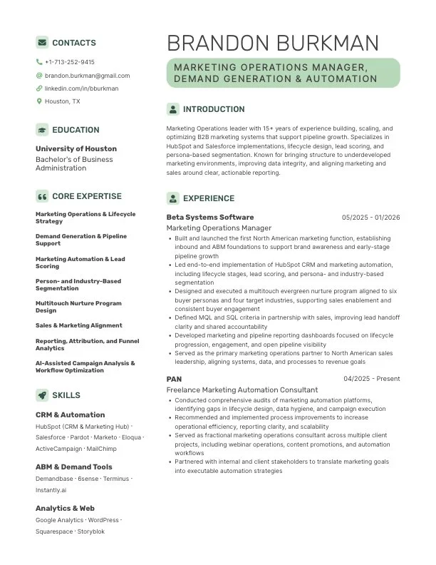 A screenshot of Brandon Burkman’s resume.